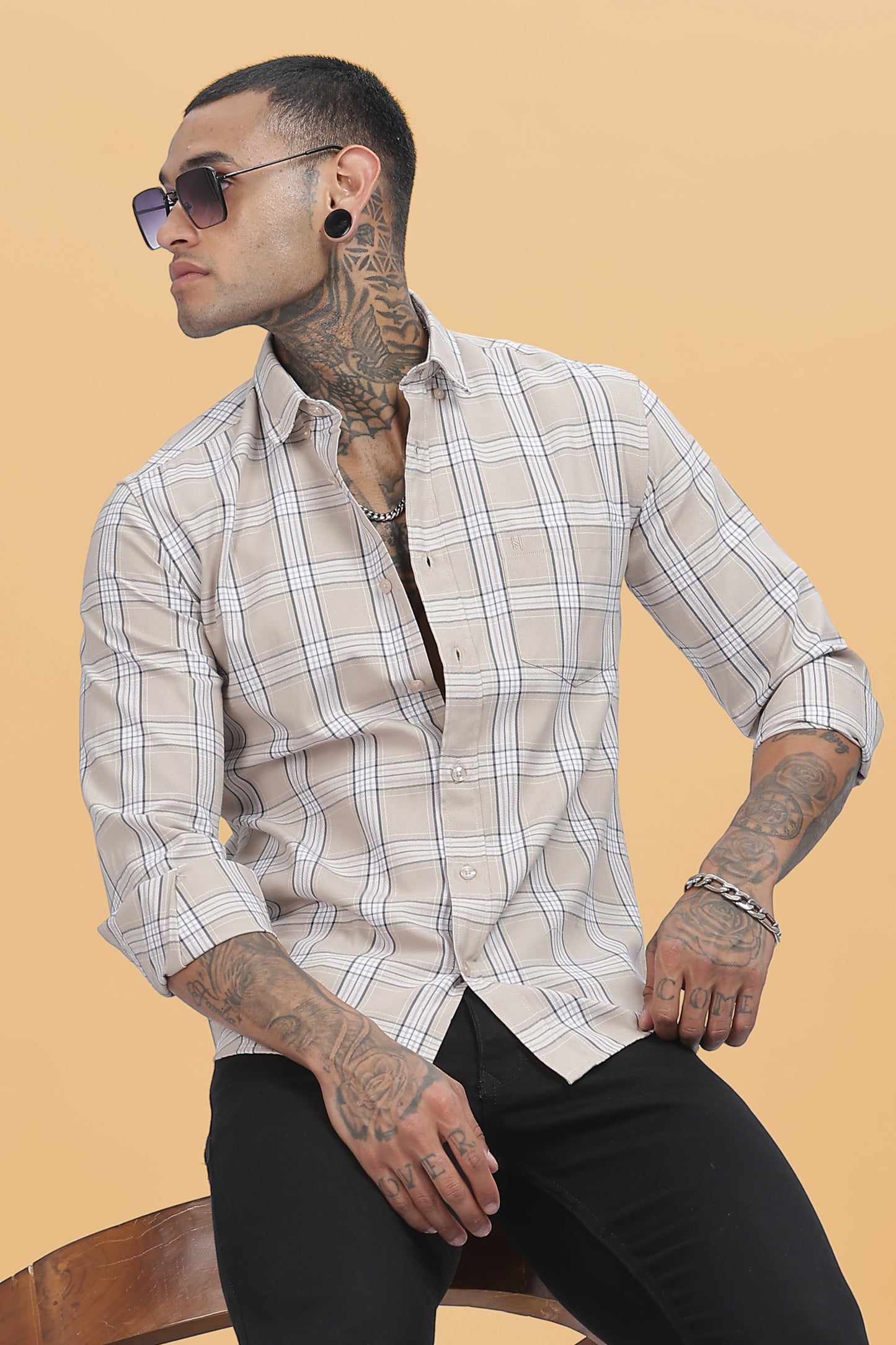 HAITCH Beige Oxford Cotton Checks Slim Fit Shirt