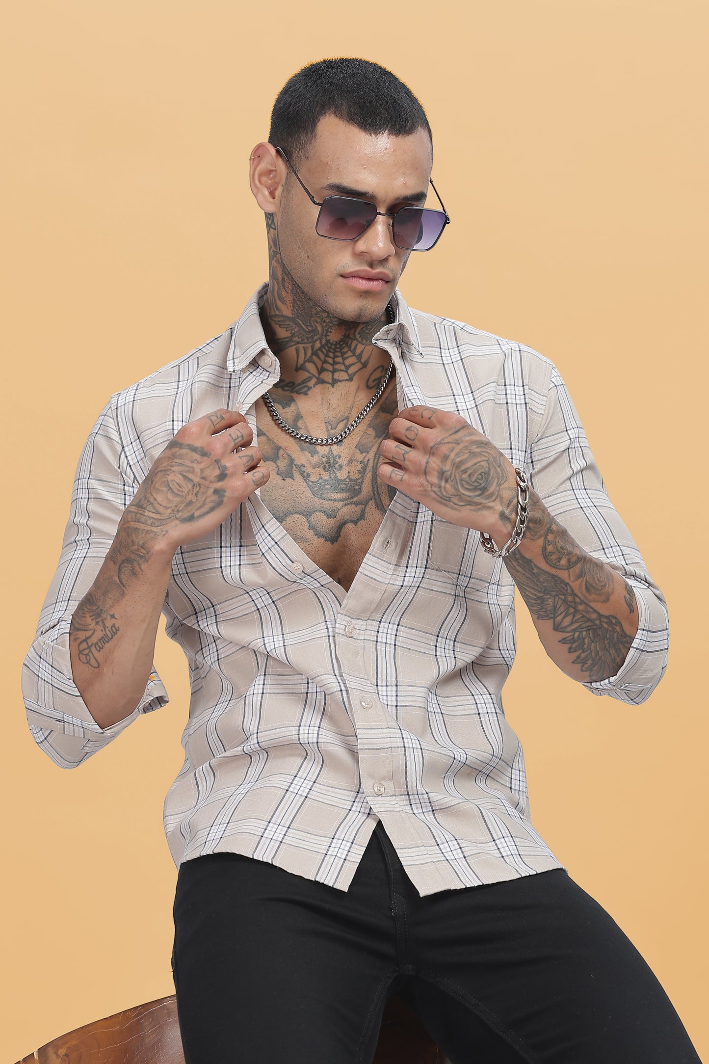 HAITCH Beige Oxford Cotton Checks Slim Fit Shirt