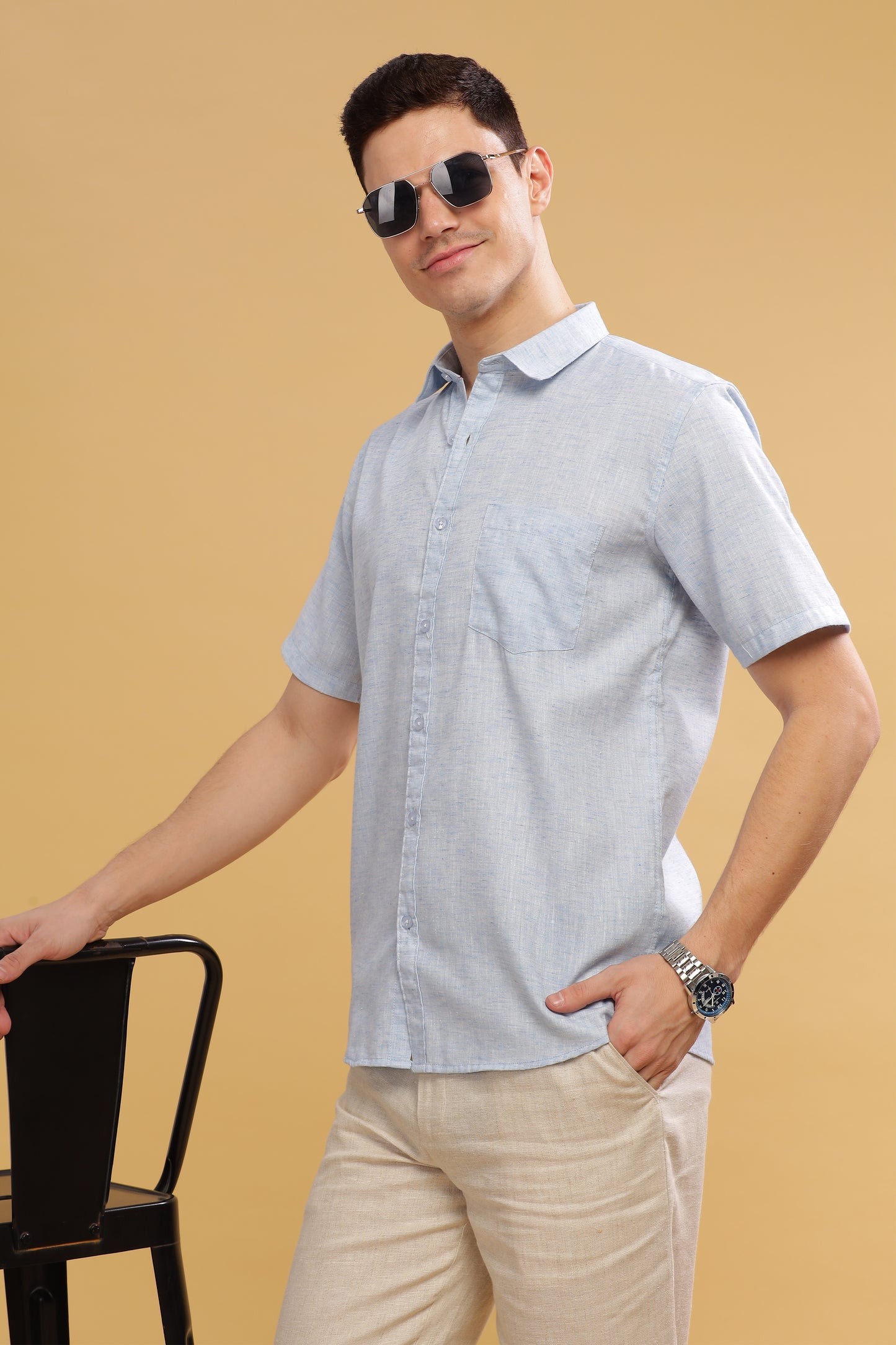 HAITCH Milton Cotton Lenin Sky Blue Shirt