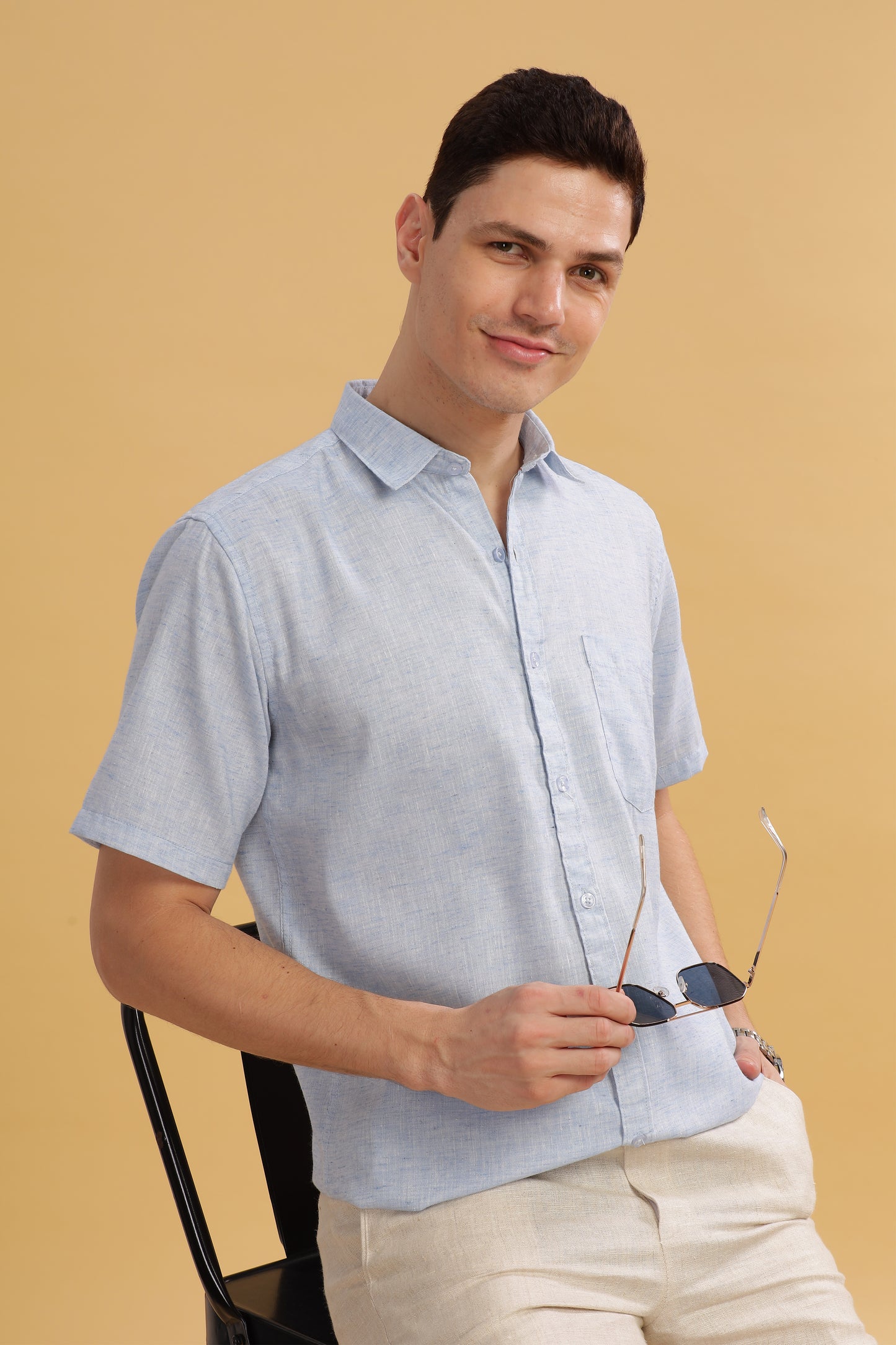 HAITCH Milton Cotton Lenin Sky Blue Shirt