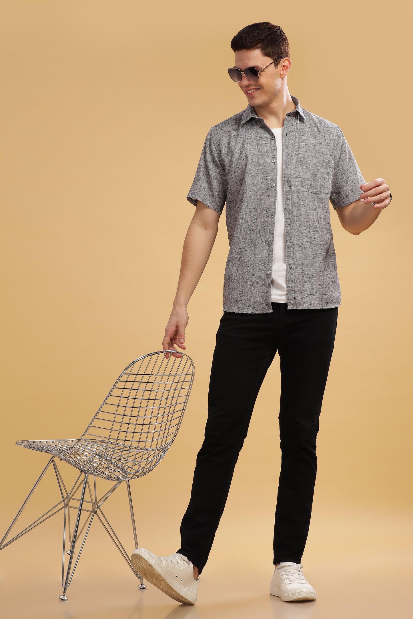 HAITCH Milton Cotton Lenin Charcoal Shirt