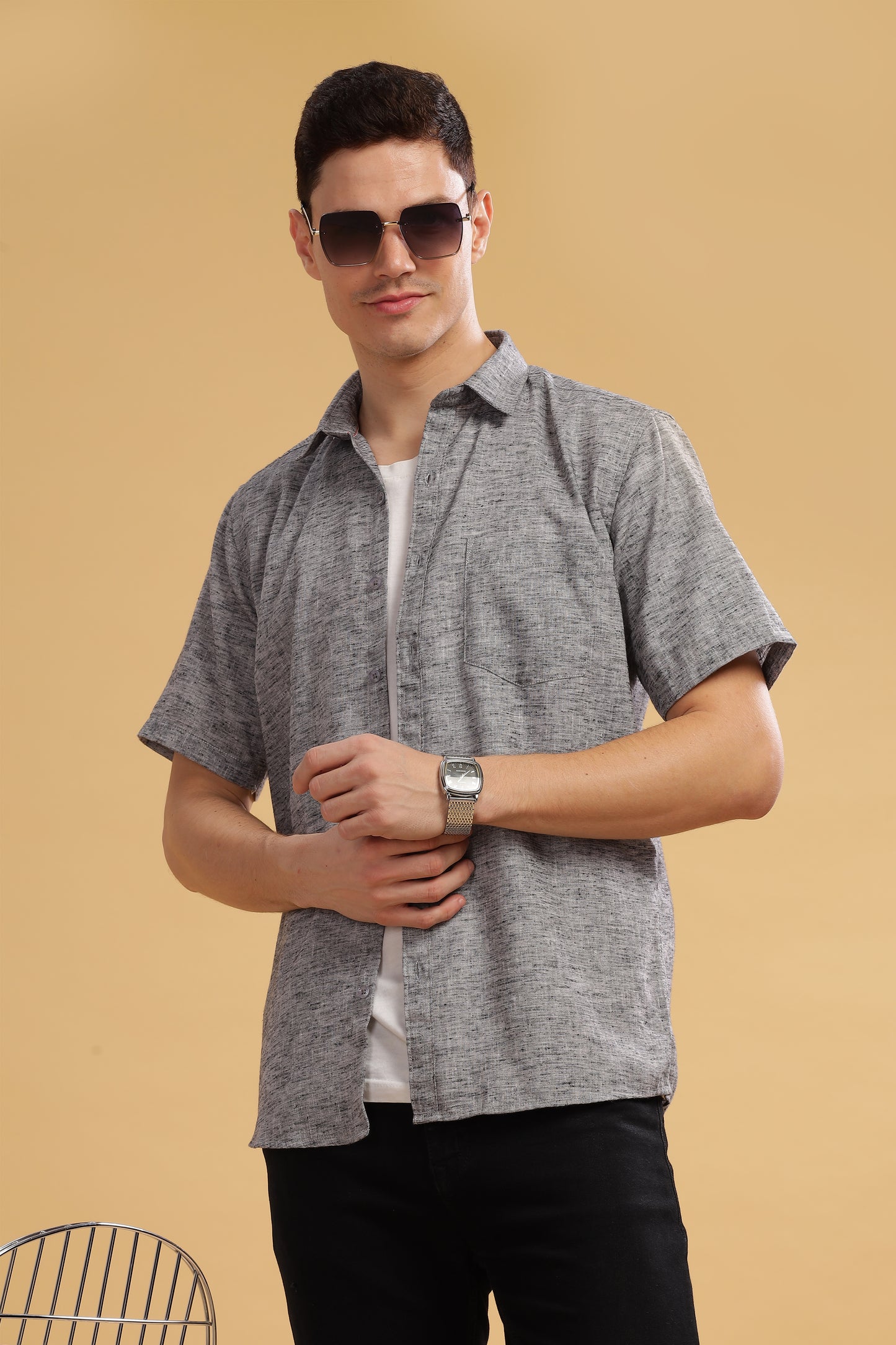 HAITCH Milton Cotton Lenin Charcoal Shirt