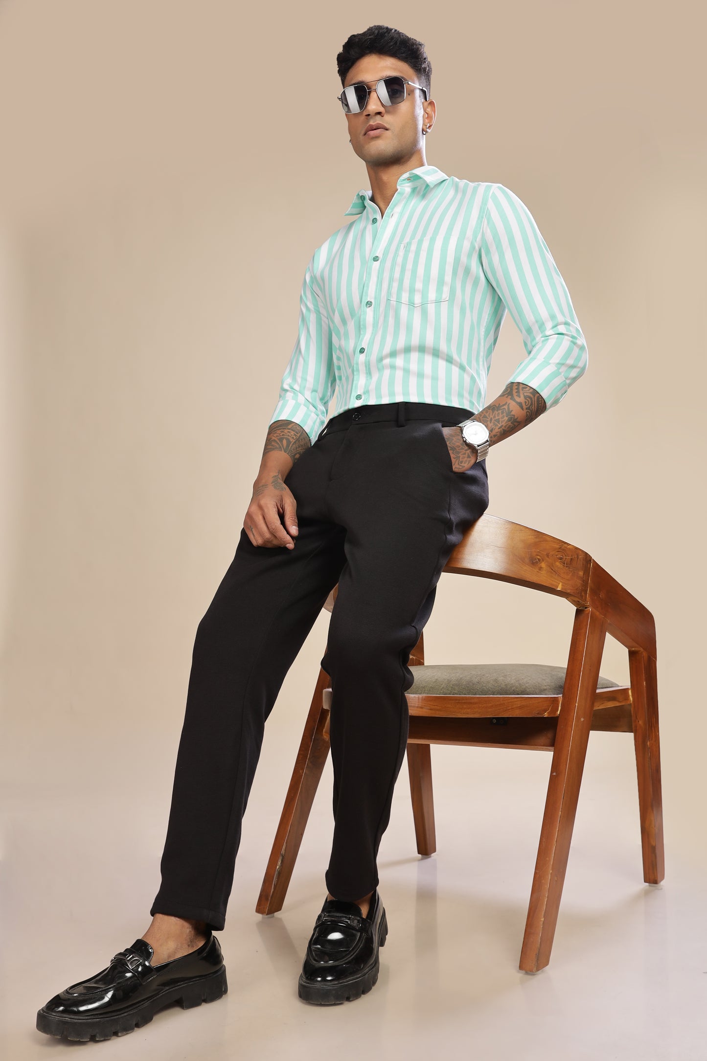 HAITCH Oxford Cotton Sea Foam Green Stripes Shirt