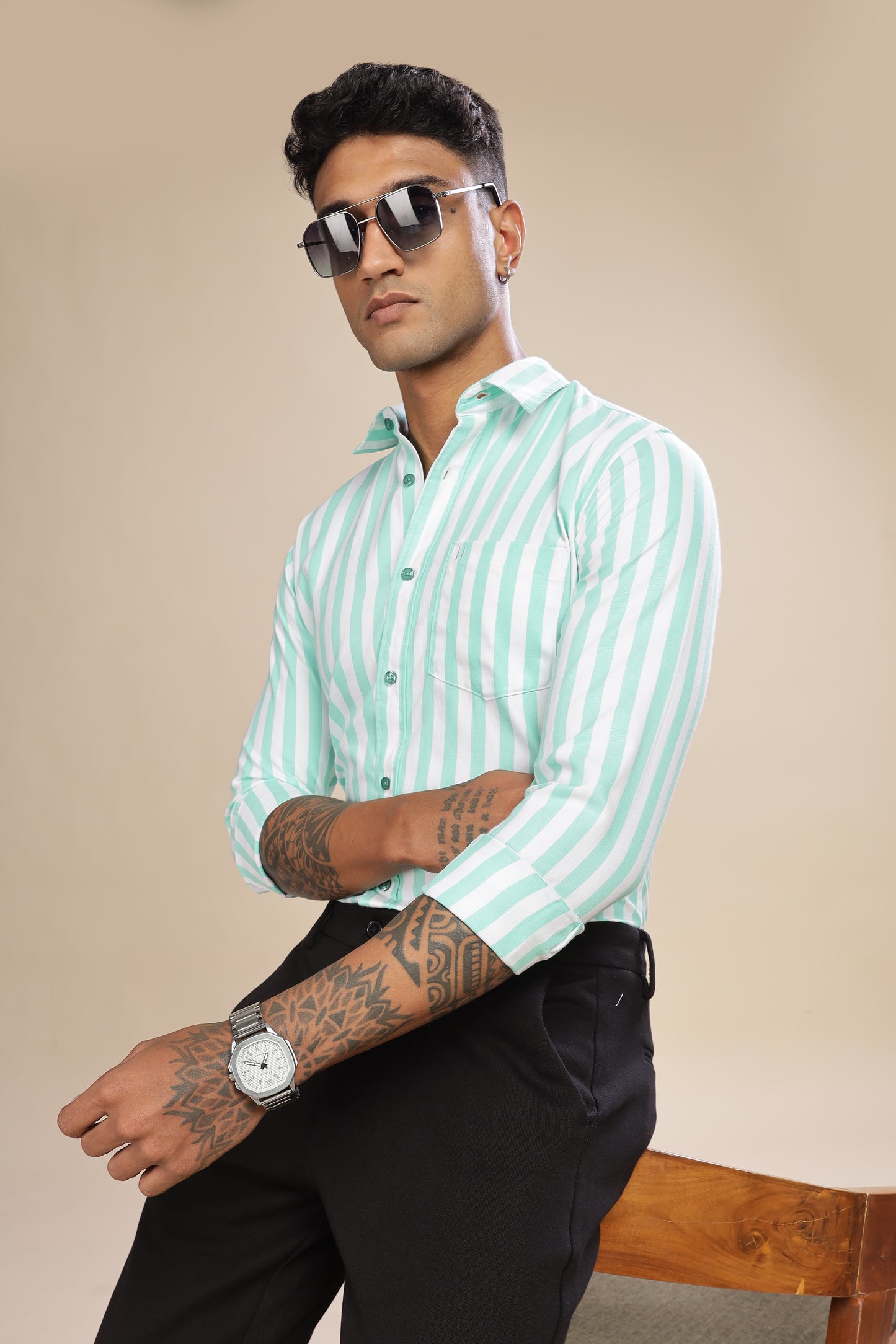 HAITCH Oxford Cotton Sea Foam Green Stripes Shirt