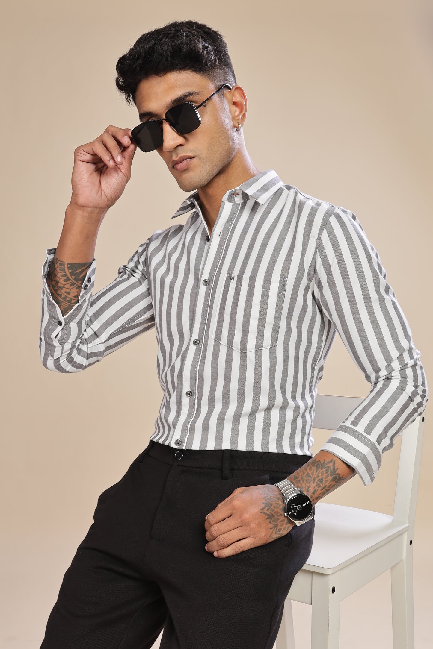 HAITCH Oxford Cotton Charcoal Stripes Shirt