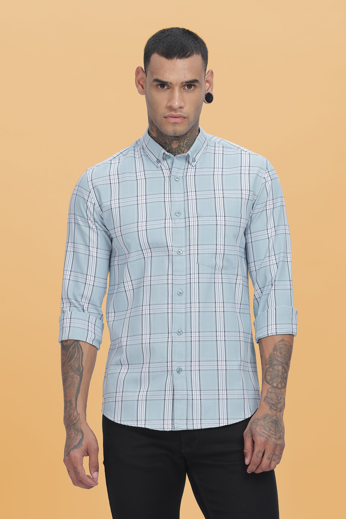 HAITCH Blue Oxford Cotton Checks Slim Fit Shirt