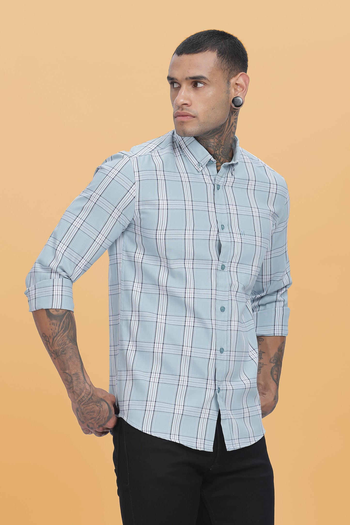HAITCH Blue Oxford Cotton Checks Slim Fit Shirt