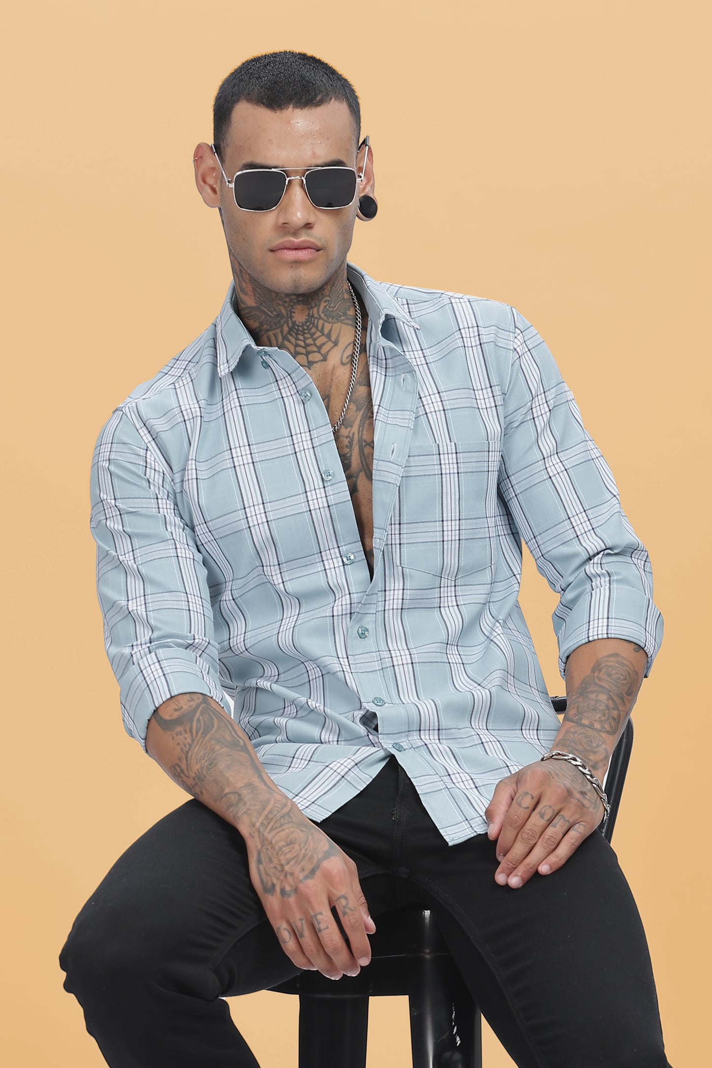 HAITCH Blue Oxford Cotton Checks Slim Fit Shirt