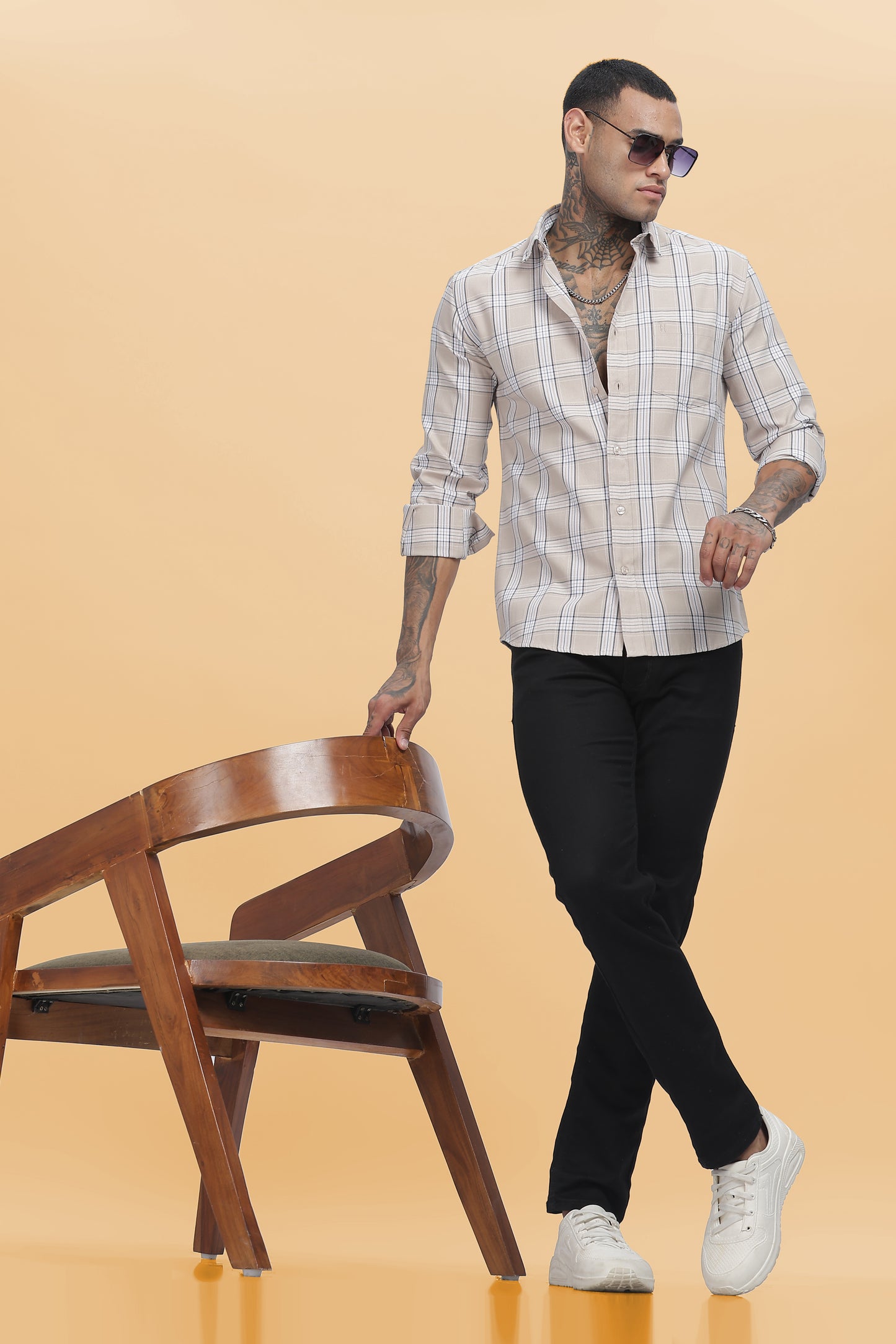 HAITCH Beige Oxford Cotton Checks Slim Fit Shirt