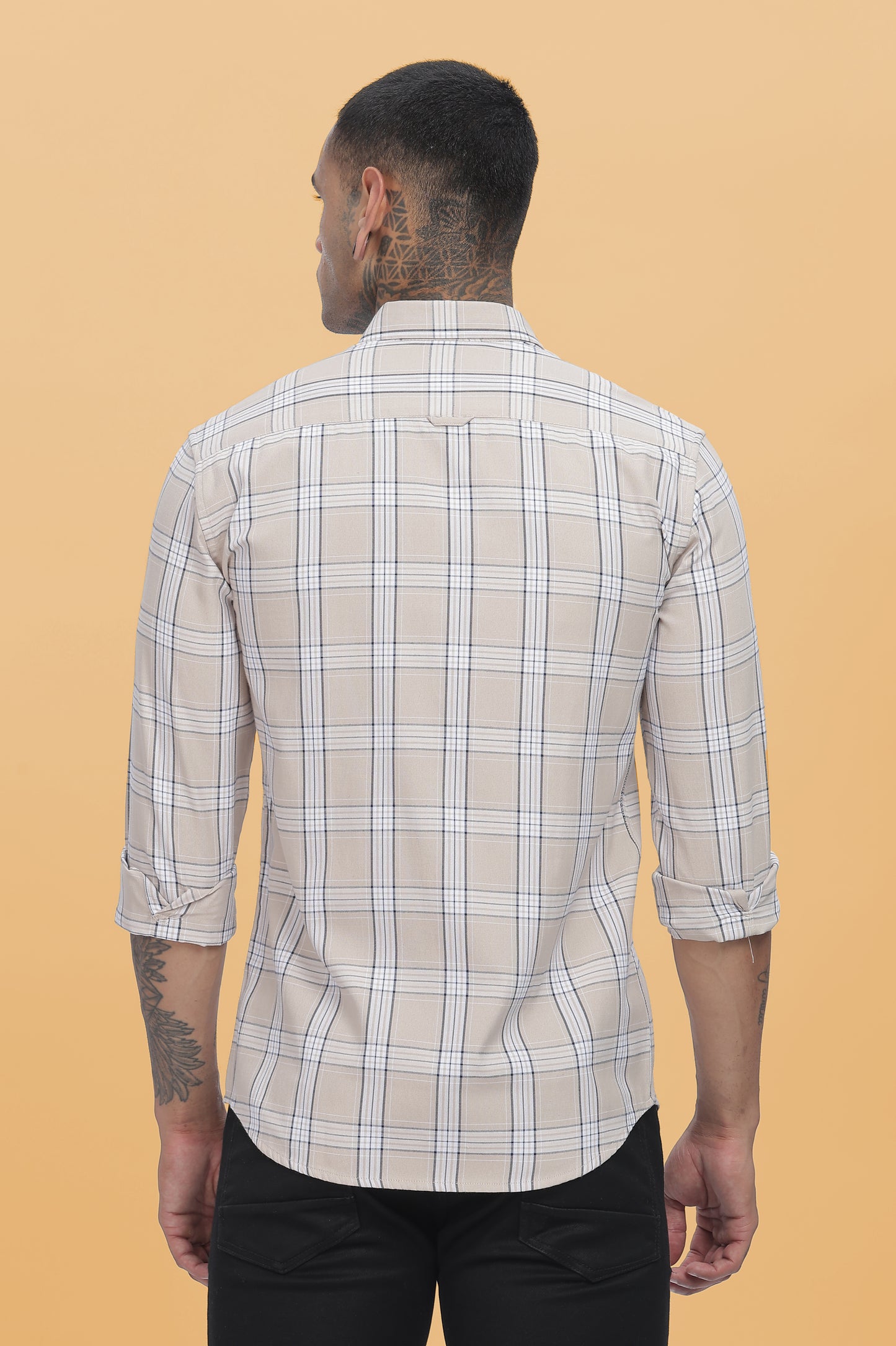 HAITCH Beige Oxford Cotton Checks Slim Fit Shirt