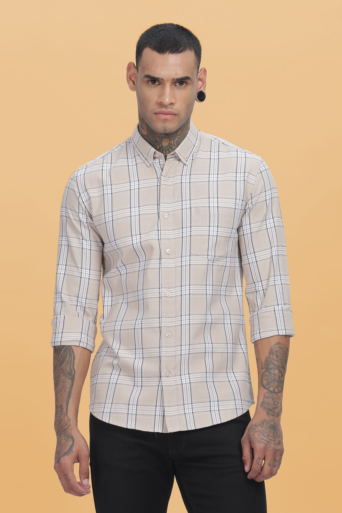 HAITCH Beige Oxford Cotton Checks Slim Fit Shirt