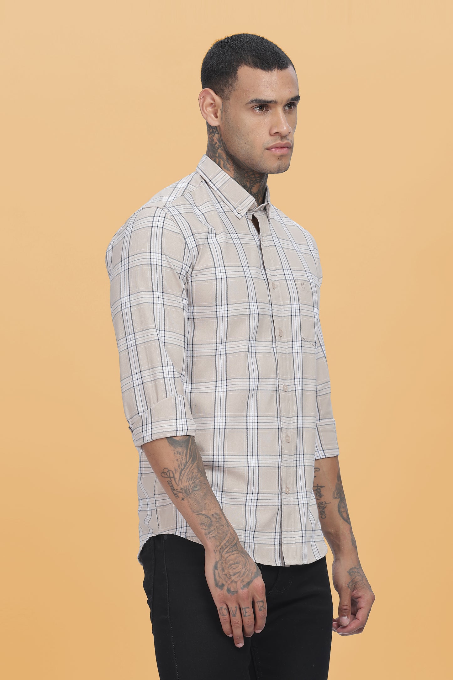 HAITCH Beige Oxford Cotton Checks Slim Fit Shirt