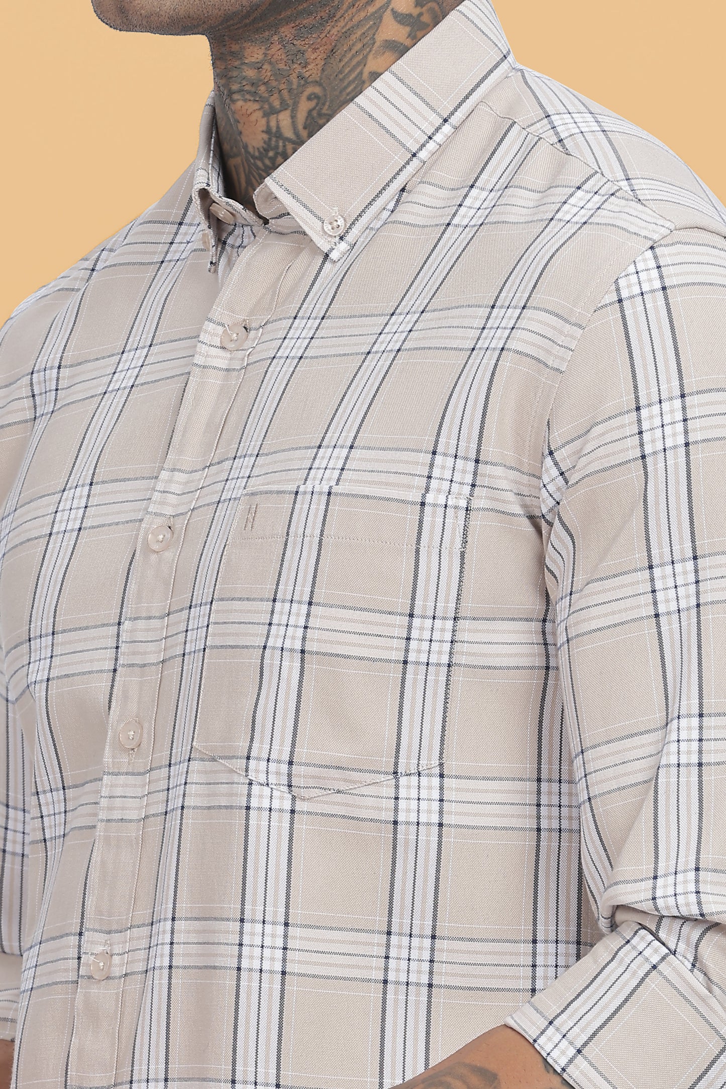 HAITCH Beige Oxford Cotton Checks Slim Fit Shirt