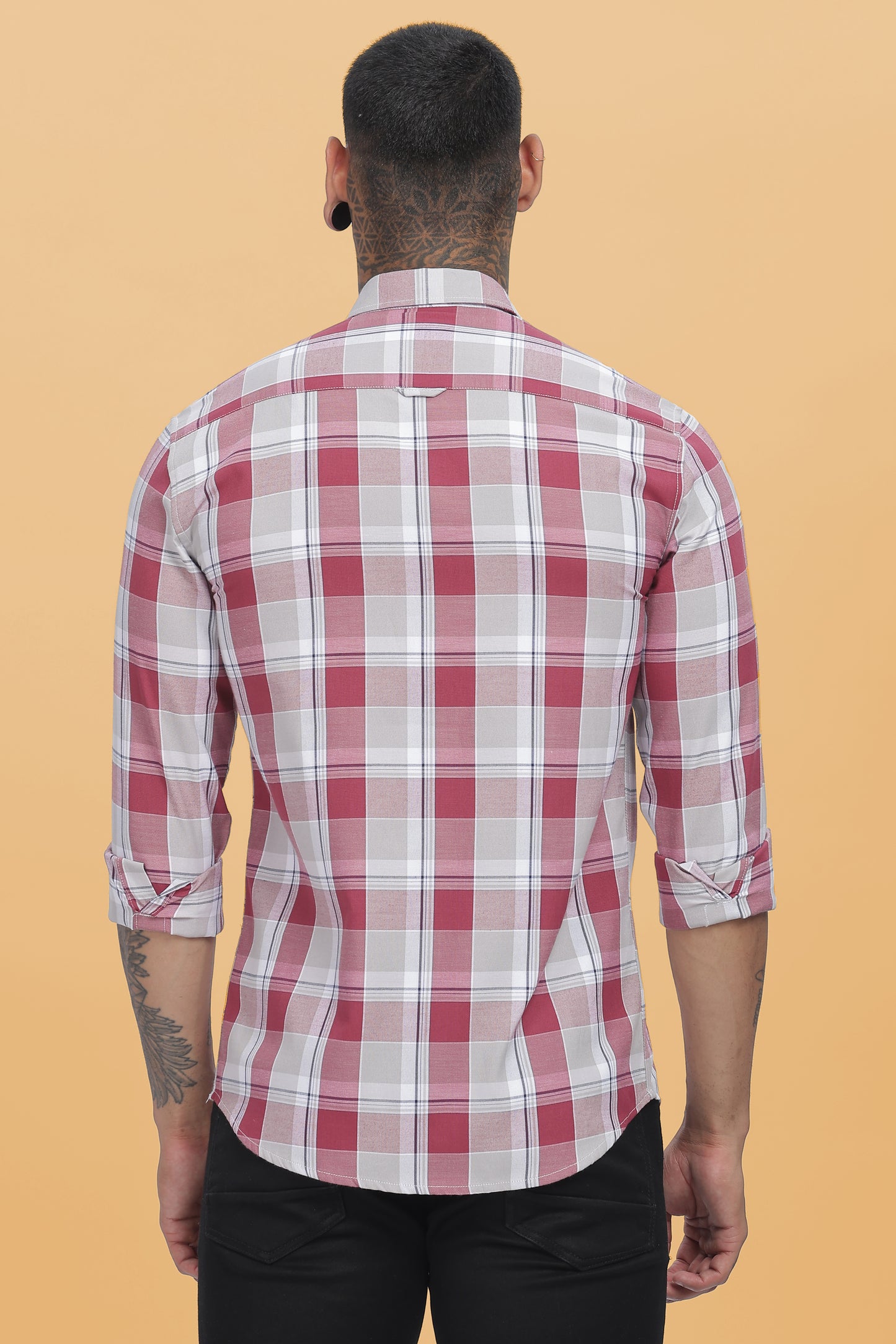 HAITCH Red Wine Oxford Cotton Windowpane Checkered Slim Fit Shirt