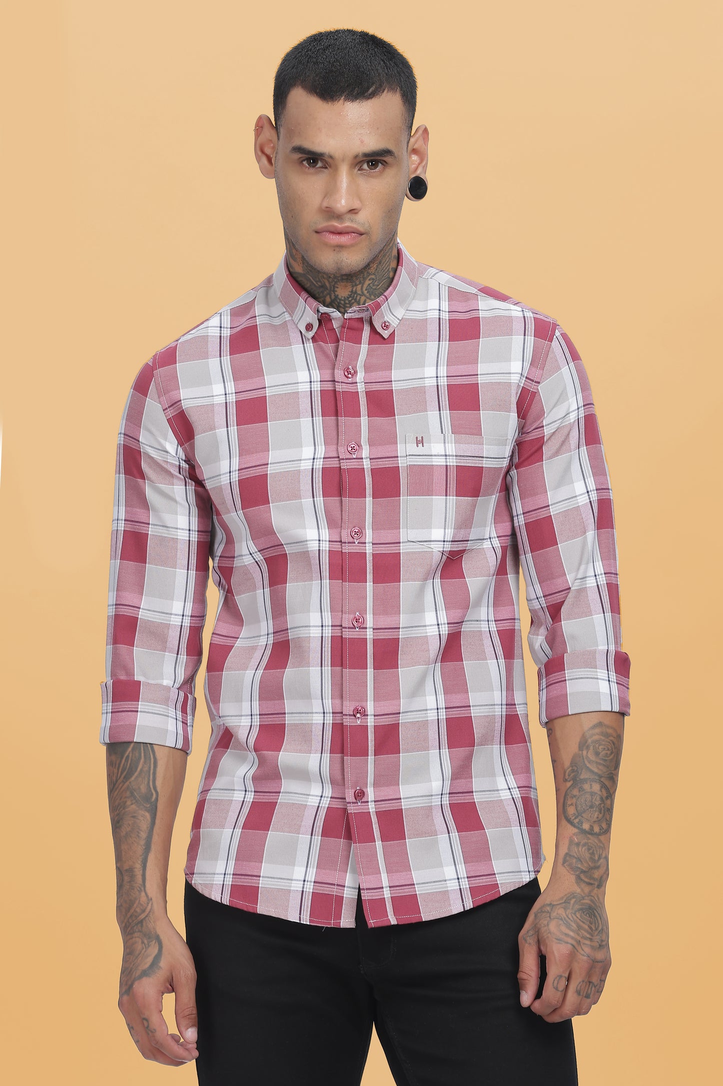 HAITCH Red Wine Oxford Cotton Windowpane Checkered Slim Fit Shirt
