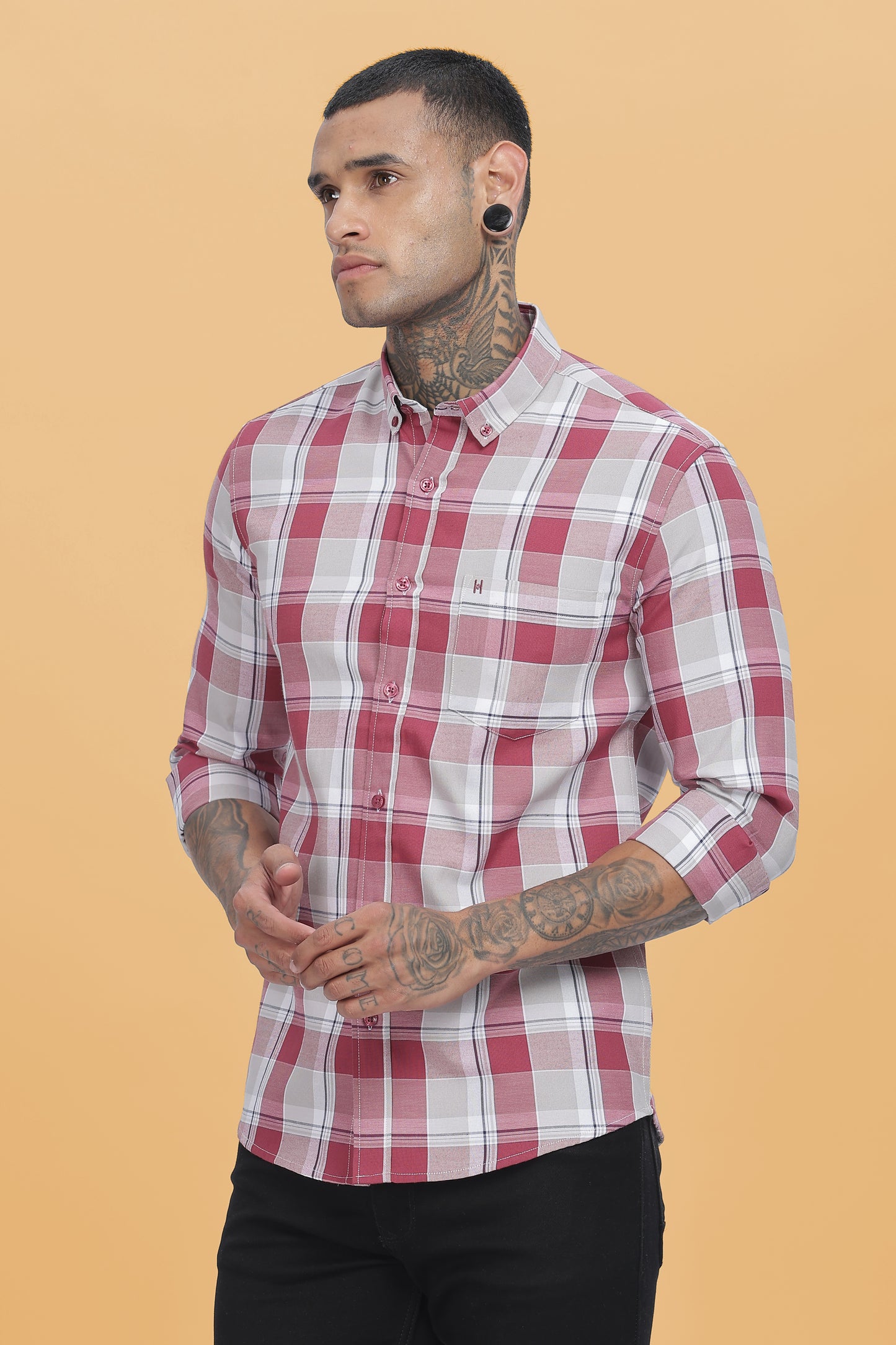 HAITCH Red Wine Oxford Cotton Windowpane Checkered Slim Fit Shirt