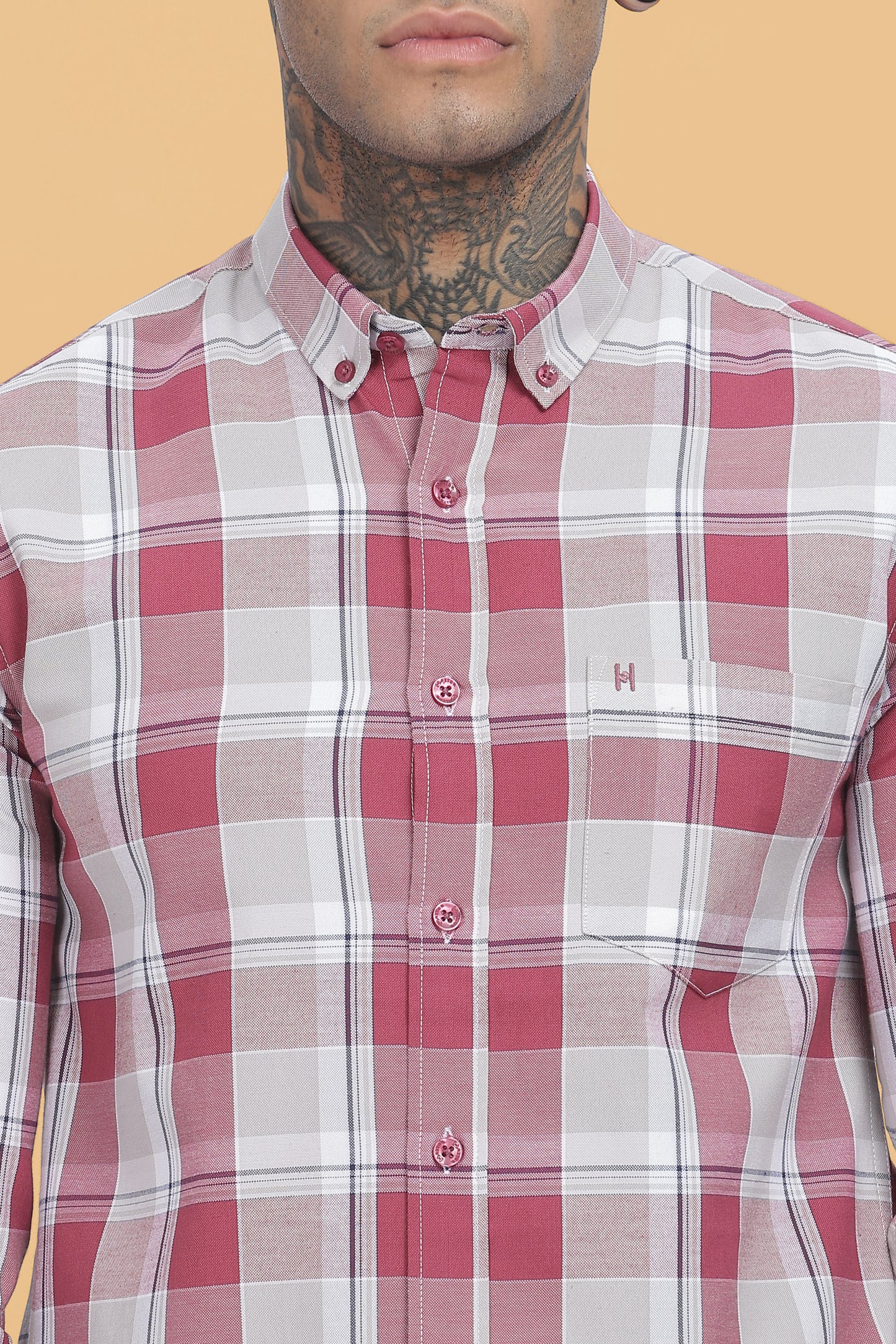 HAITCH Red Wine Oxford Cotton Windowpane Checkered Slim Fit Shirt