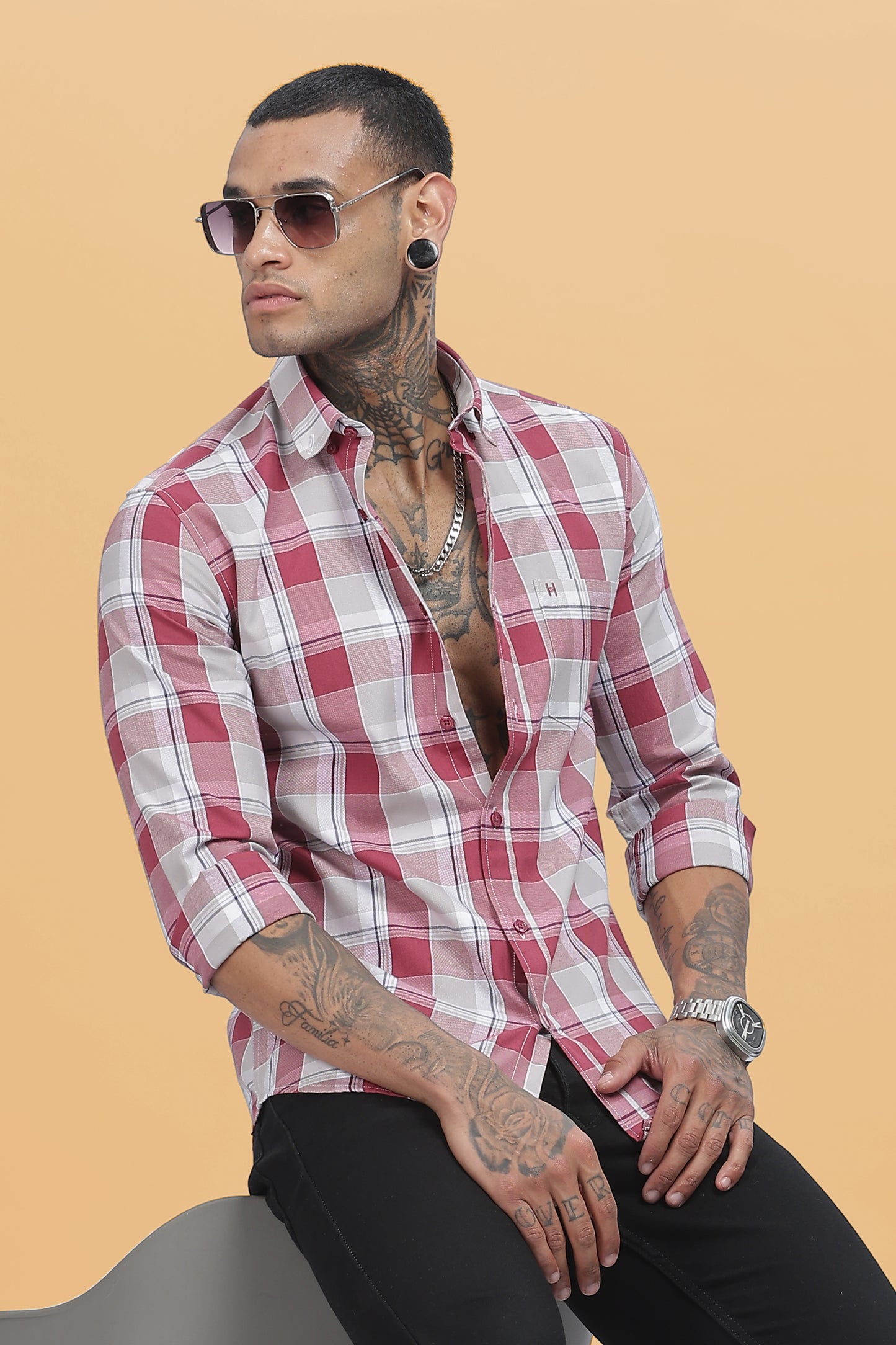 HAITCH Red Wine Oxford Cotton Windowpane Checkered Slim Fit Shirt