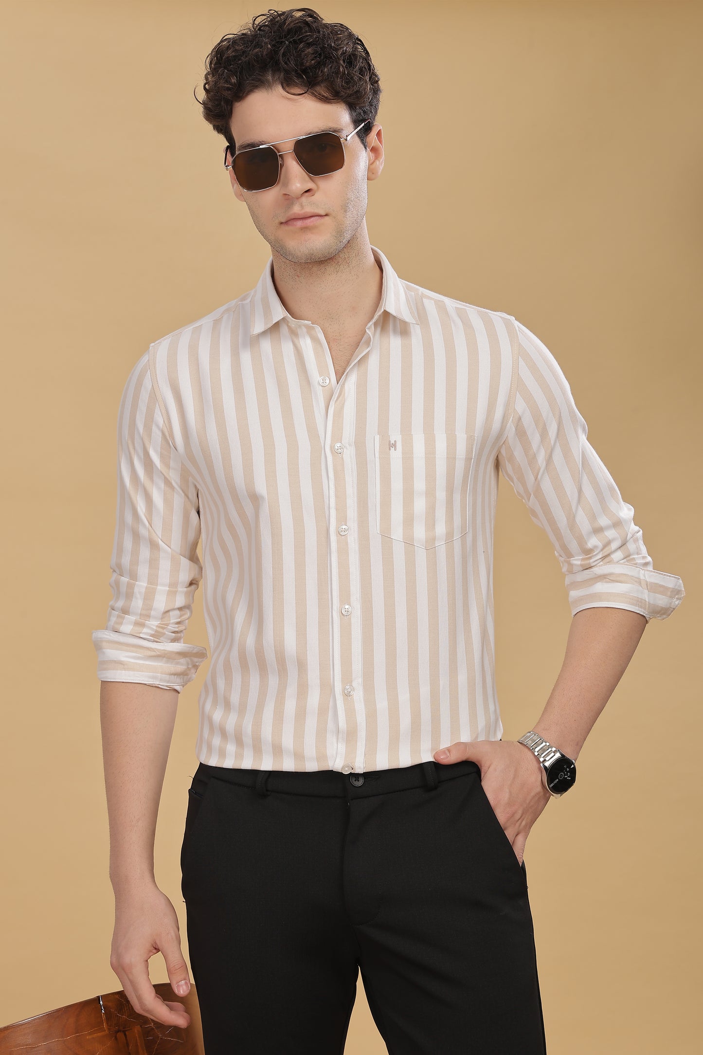 HAITCH Oxford Cotton Beige Stripes Shirt