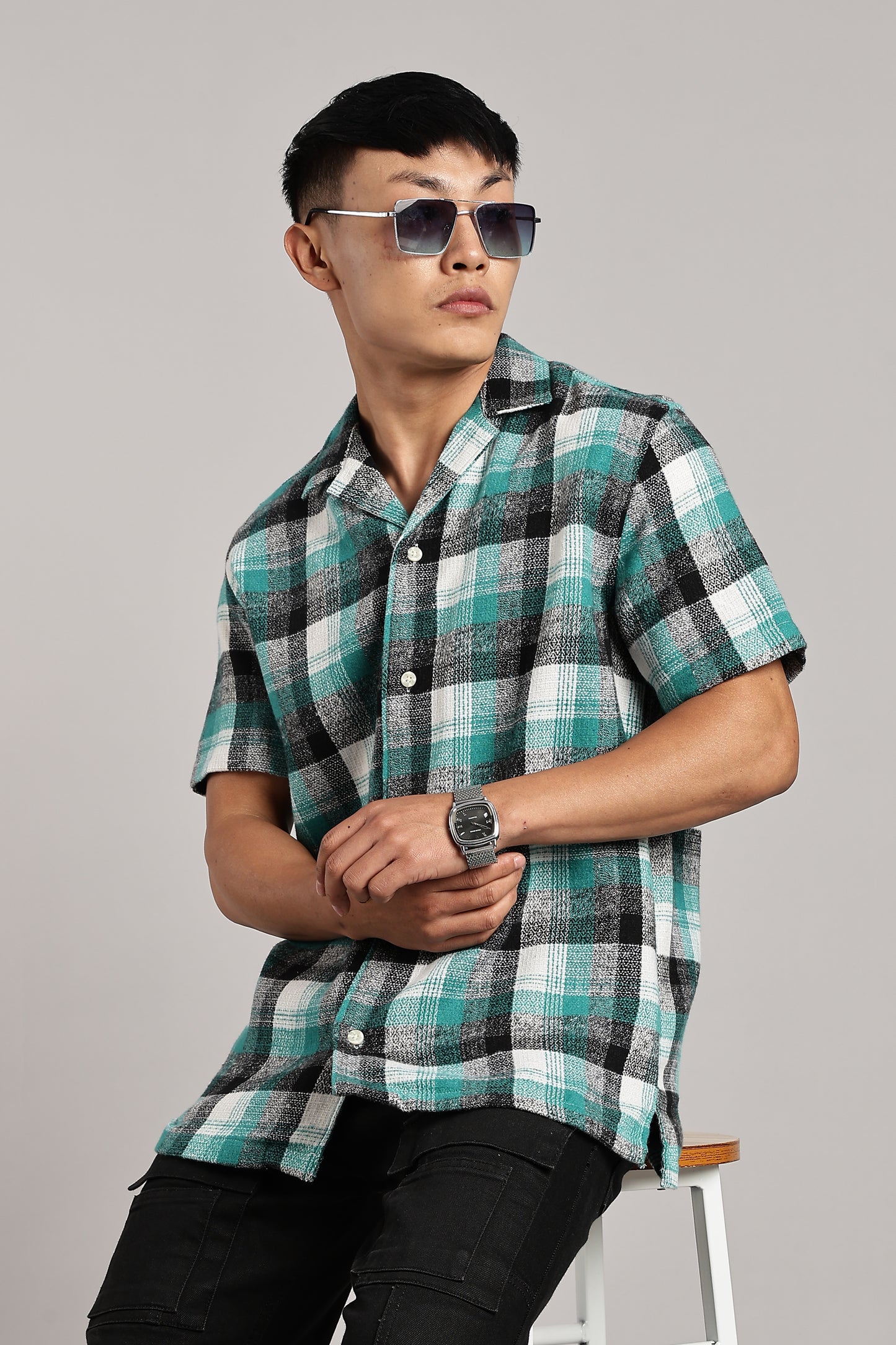 Green Black Tartan Cuban Half-Sleeve Shirt