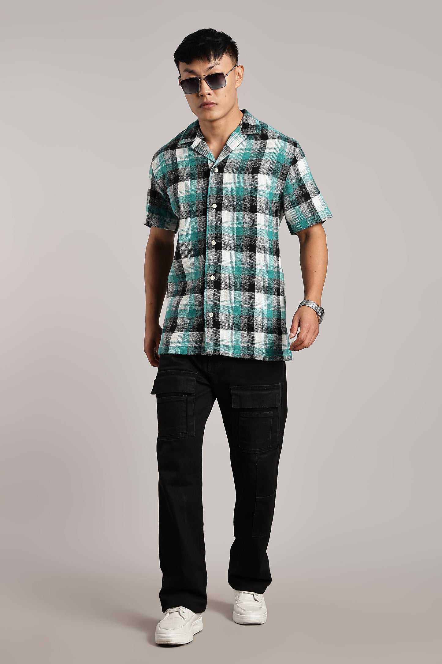 Green Black Tartan Cuban Half-Sleeve Shirt