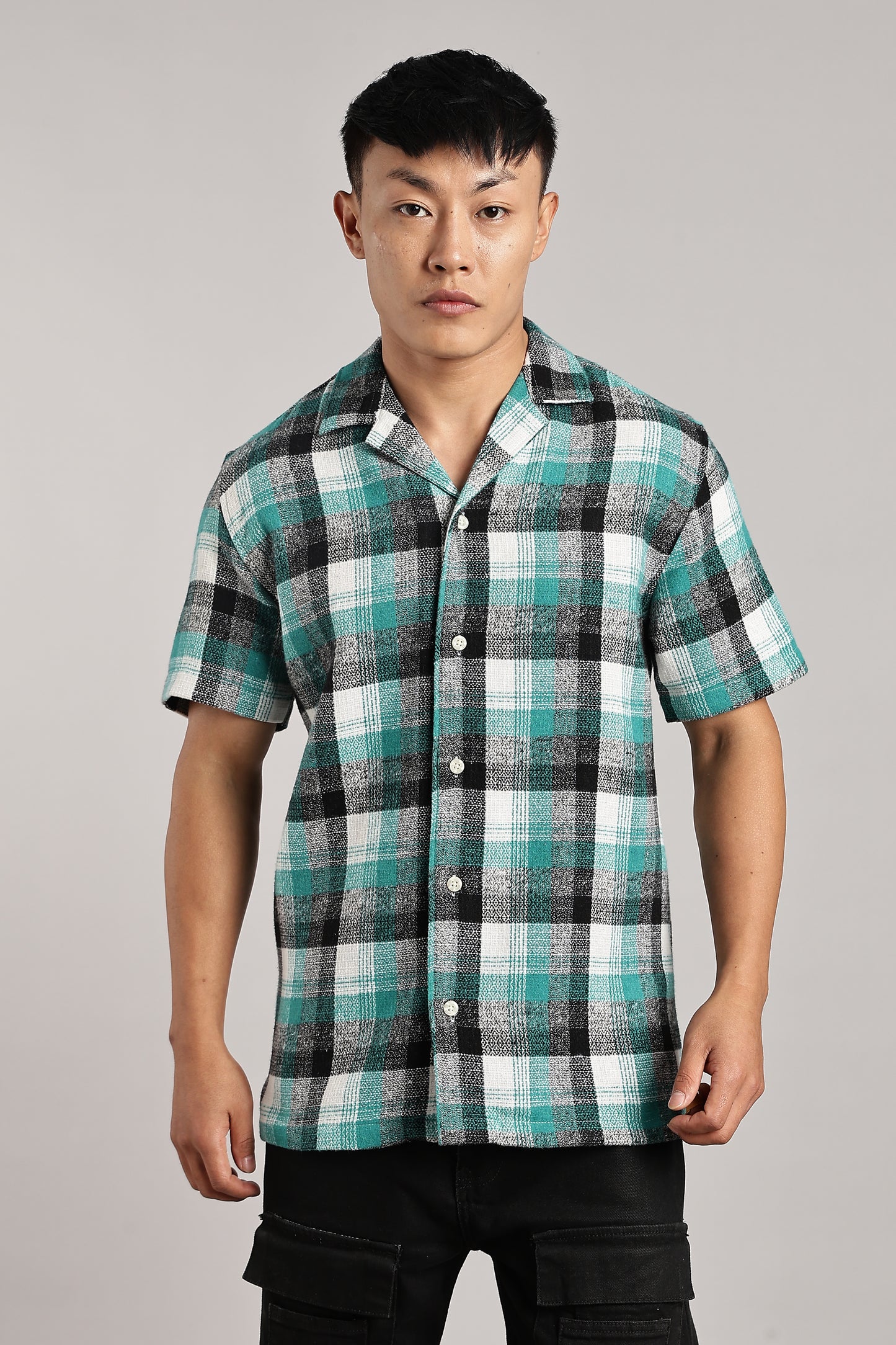 Green Black Tartan Cuban Half-Sleeve Shirt