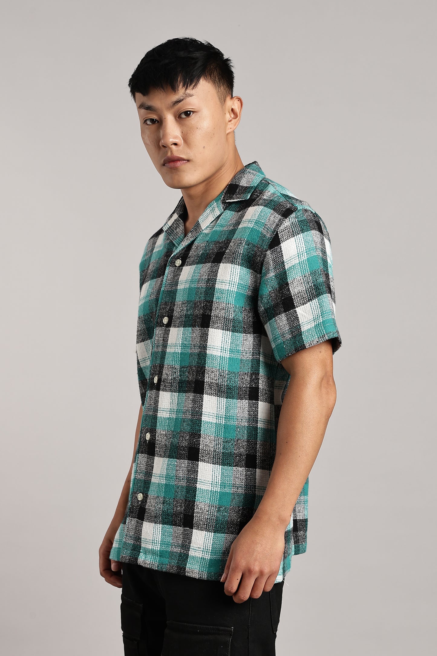 Green Black Tartan Cuban Half-Sleeve Shirt