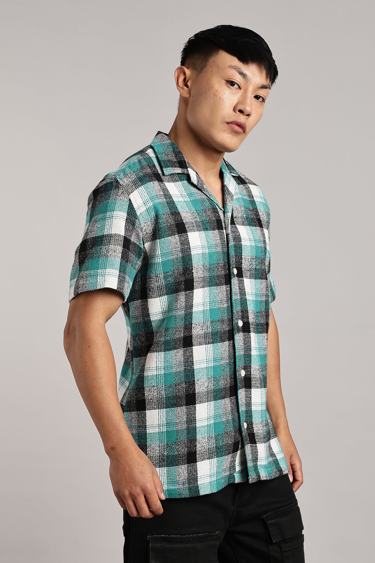 Green Black Tartan Cuban Half-Sleeve Shirt