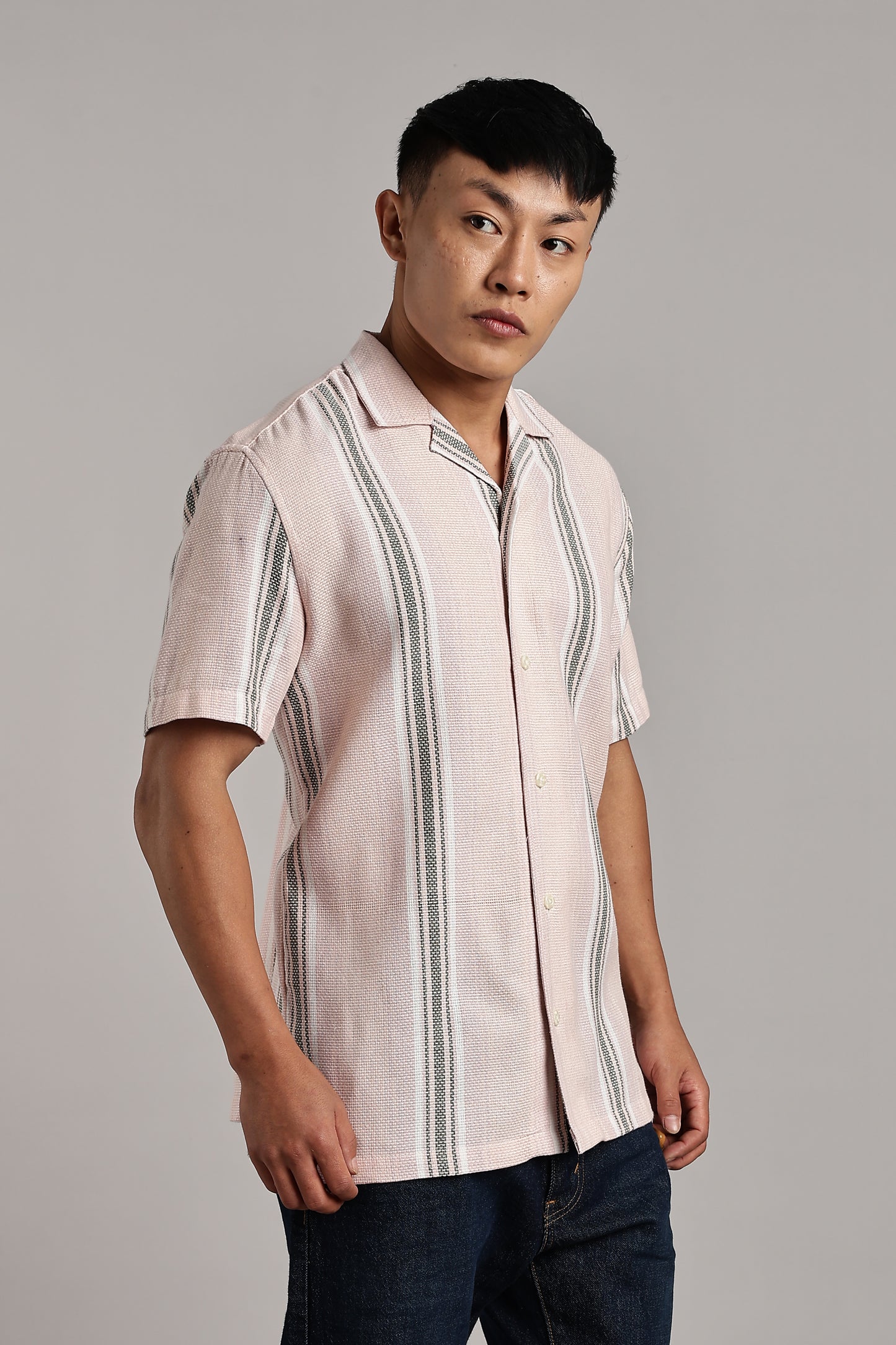 Pink & Green Stripe Cuban Short Sleeve Shirt