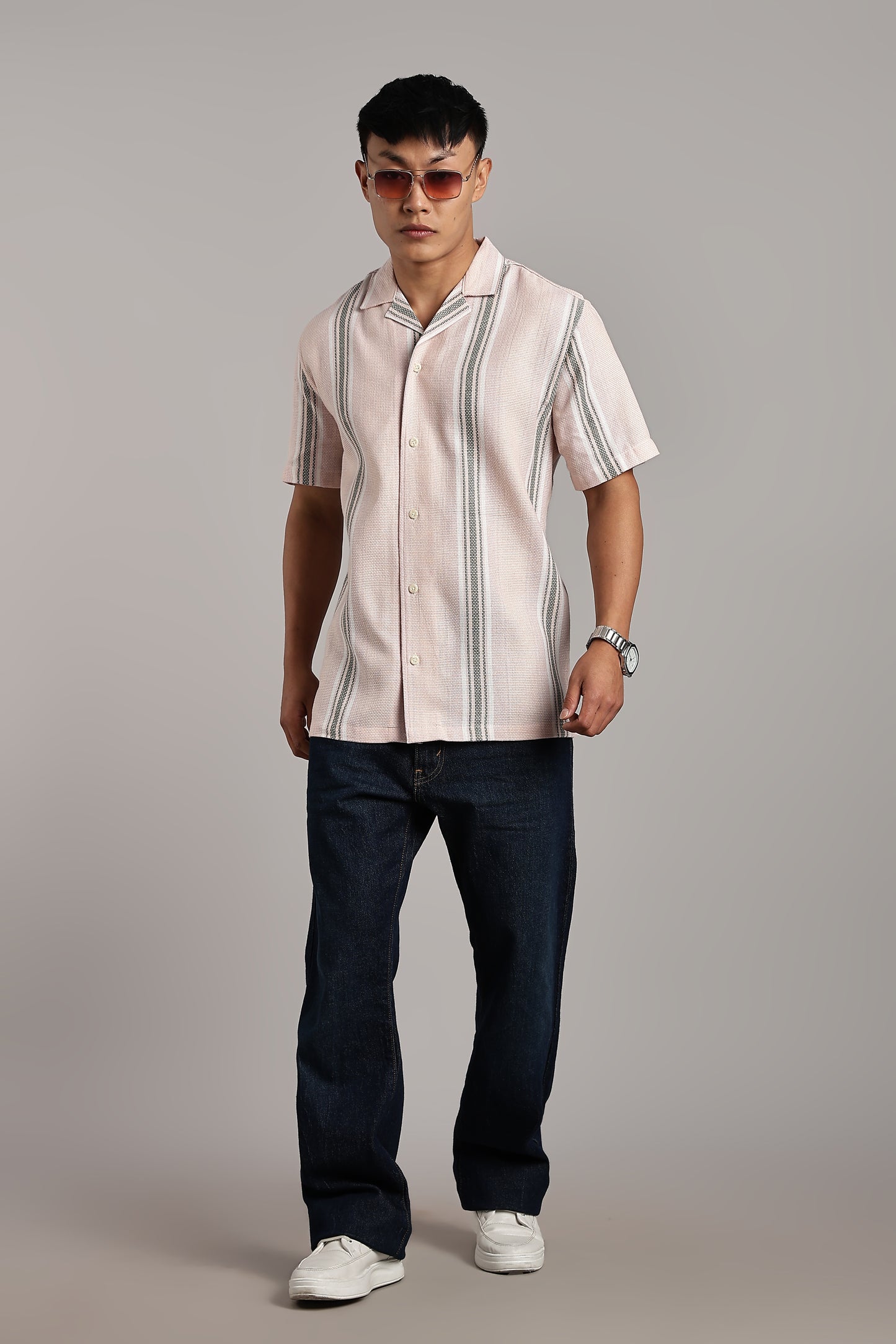 Pink & Green Stripe Cuban Short Sleeve Shirt