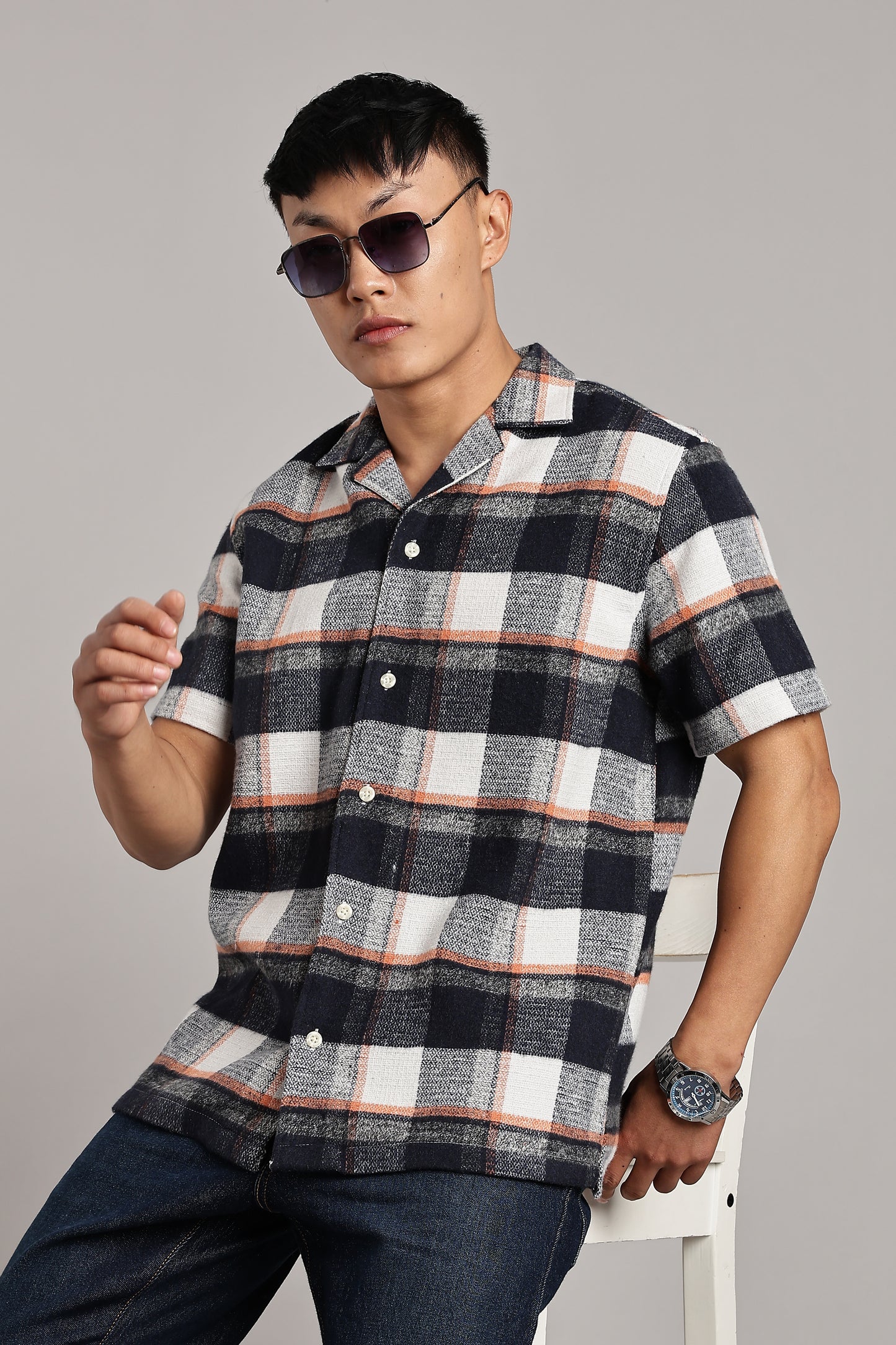 Orange-Blue Checkered Cuban Half-Sleeve Shirt