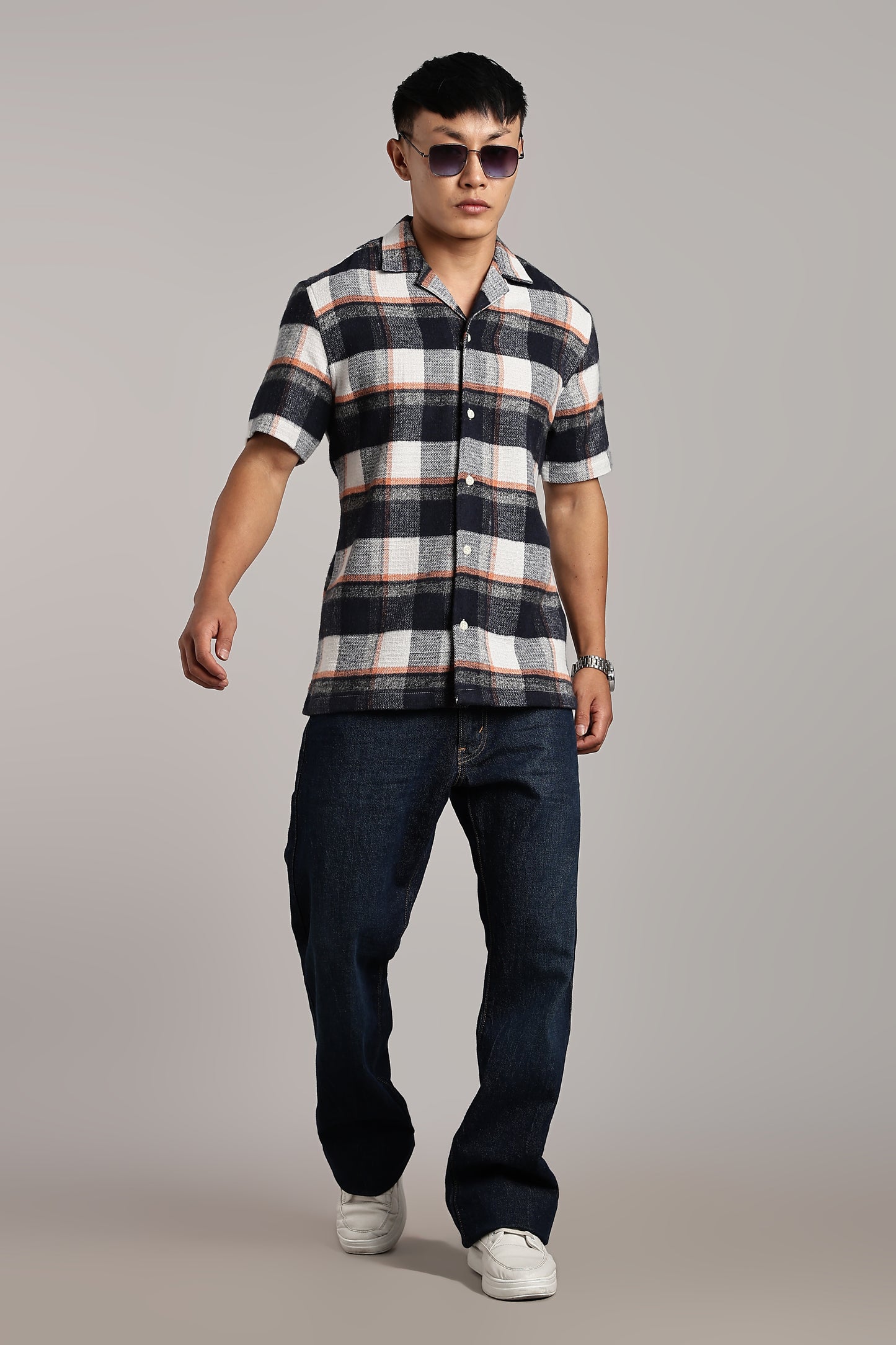 Orange-Blue Checkered Cuban Half-Sleeve Shirt