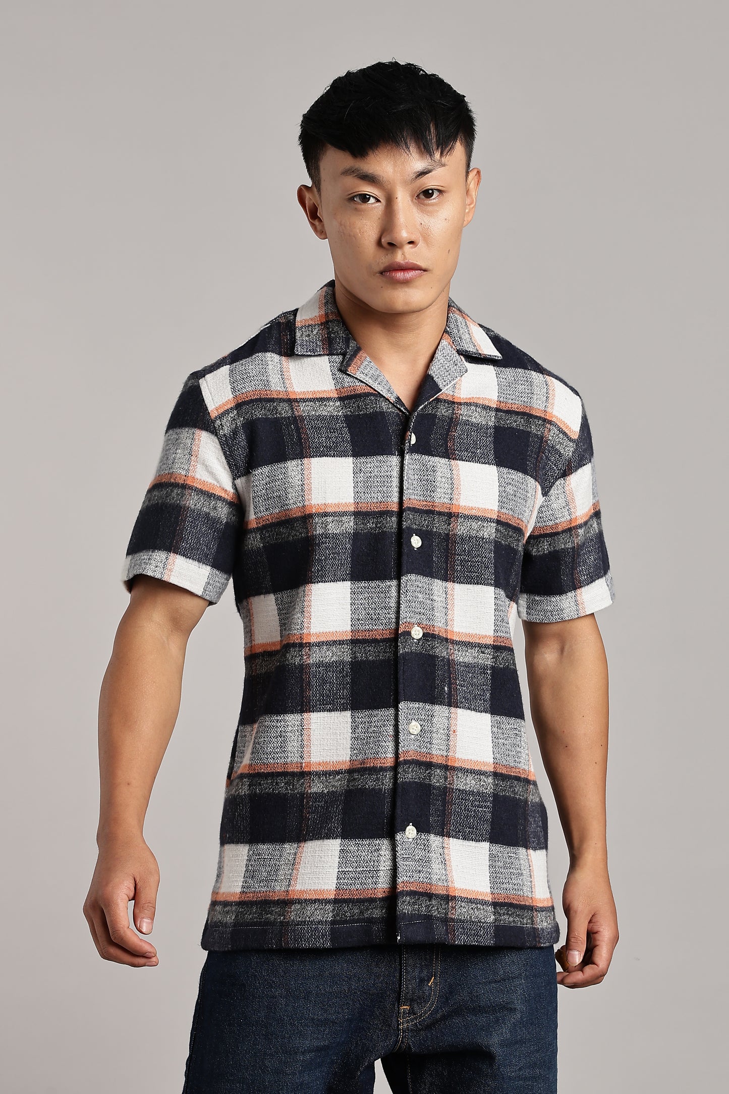 Orange-Blue Checkered Cuban Half-Sleeve Shirt