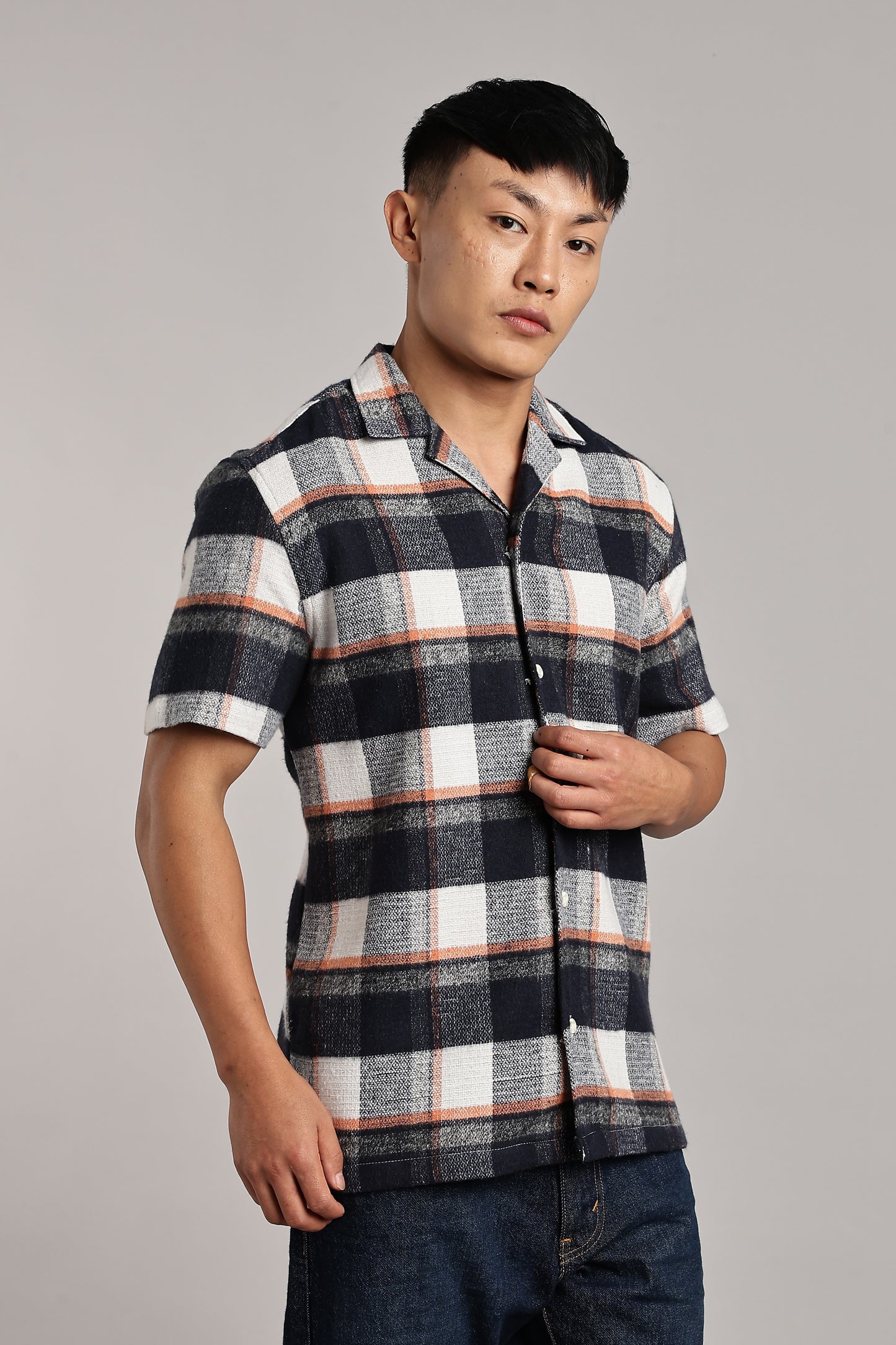Orange-Blue Checkered Cuban Half-Sleeve Shirt