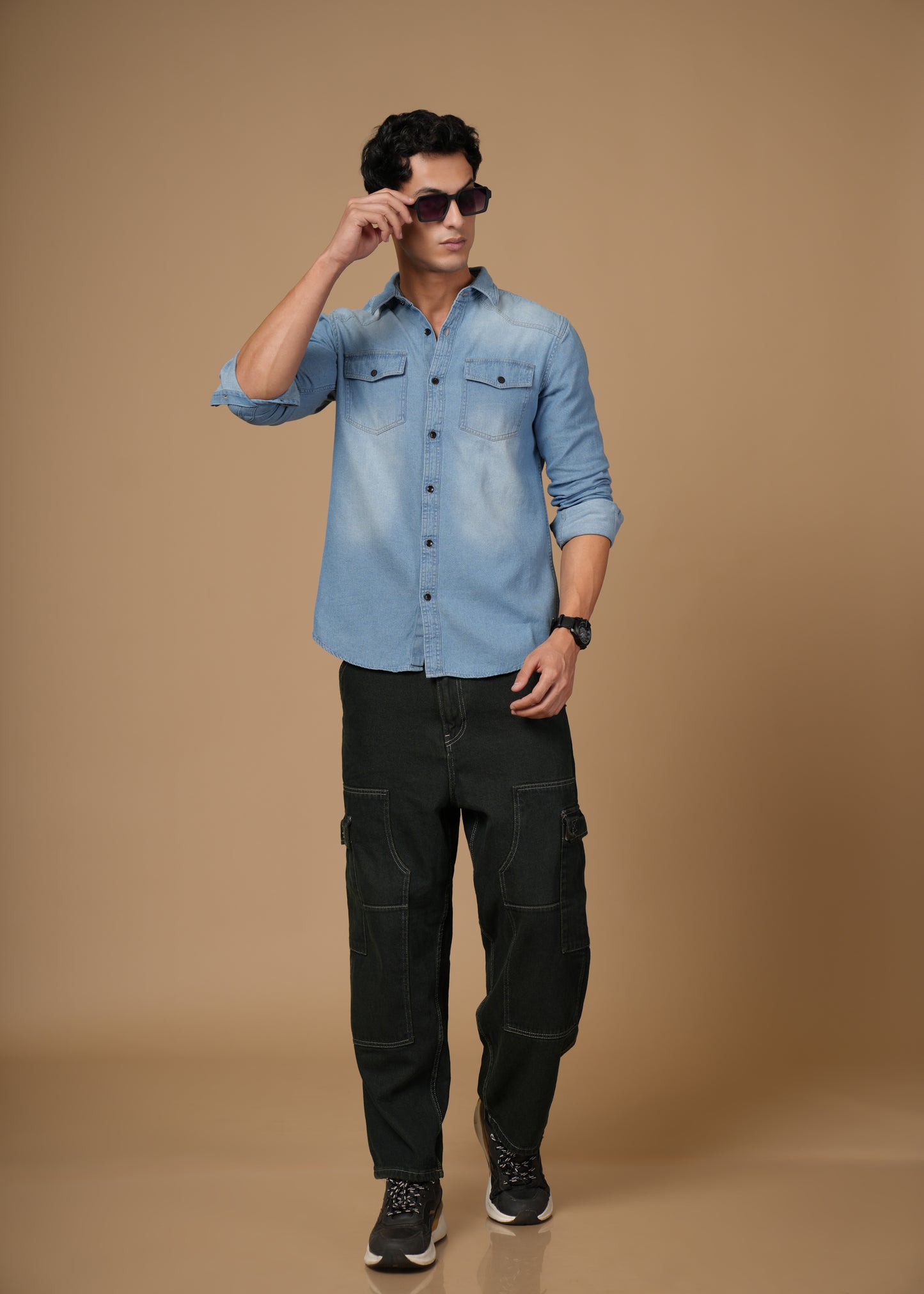 Men’s Slim Fit Light Blue Denim Shirt | Modern Casual Look | Flap Pockets & Black Buttons