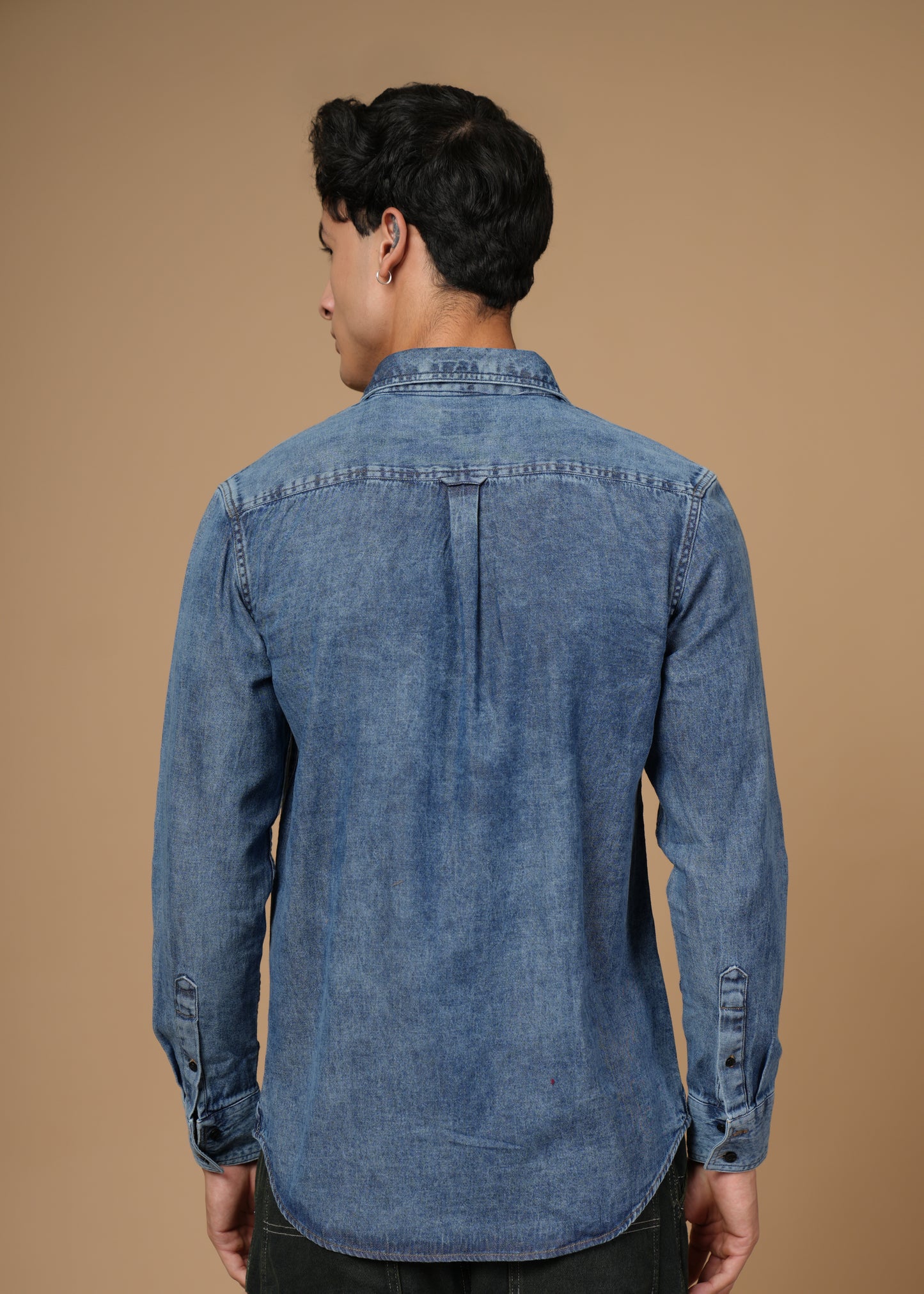 Men’s Slim Fit Denim Shirt – Mid Blue Stonewashed | Dual Flap Pockets | Casual Essential