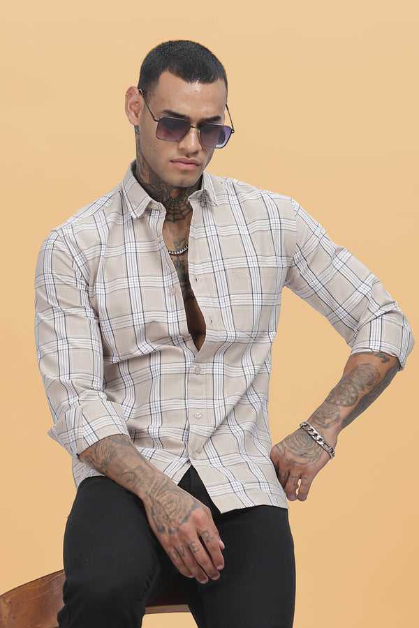 HAITCH Beige Oxford Cotton Checks Slim Fit Shirt