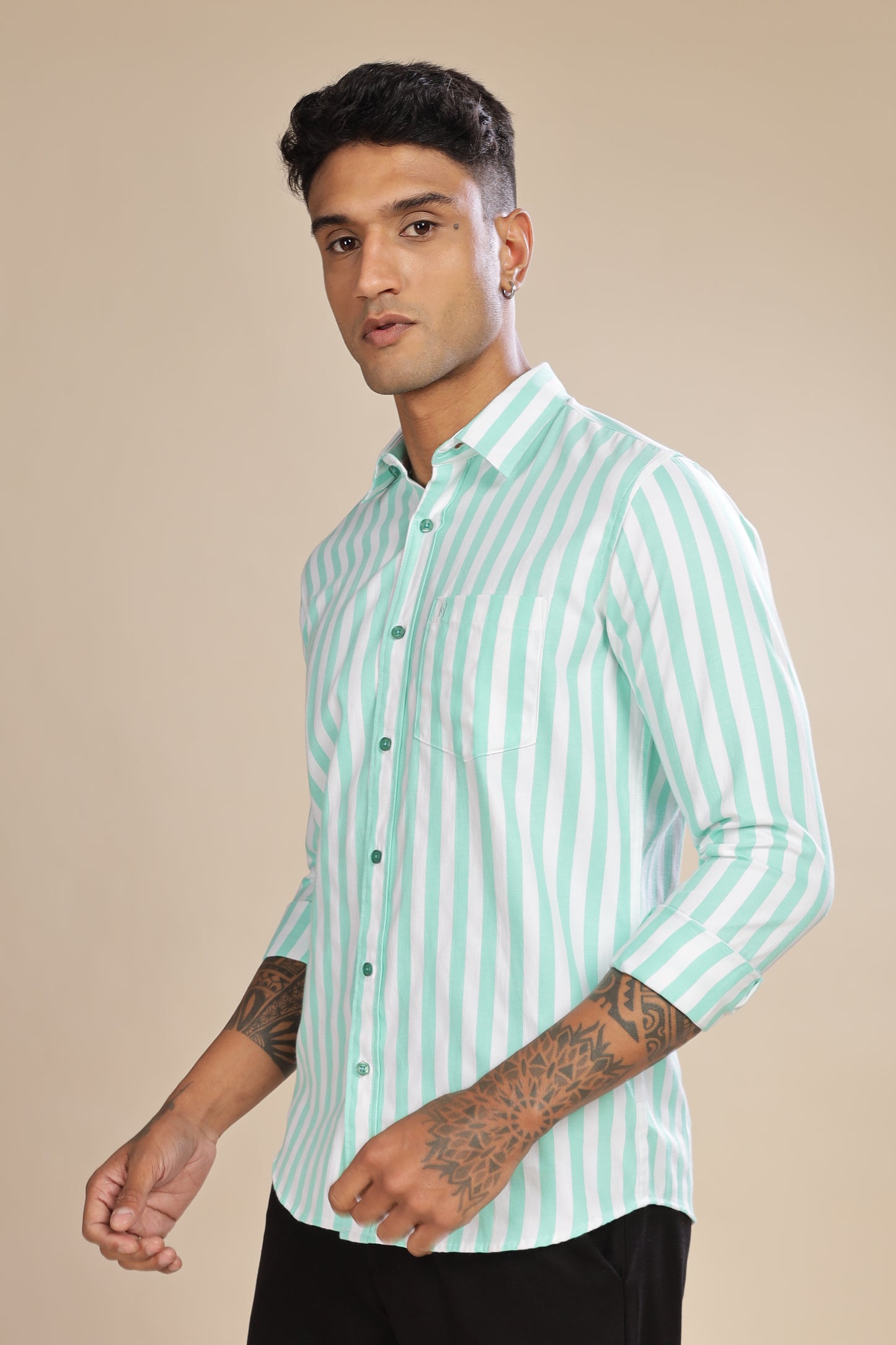 HAITCH Oxford Cotton Sea Foam Green Stripes Shirt