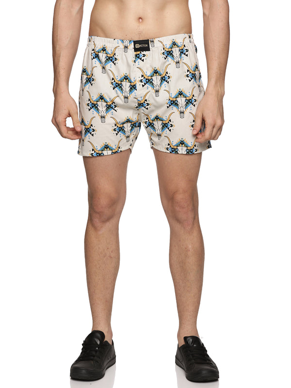 Men Cotton Slim Fit  Bull Skull Printed Off-White Boxer