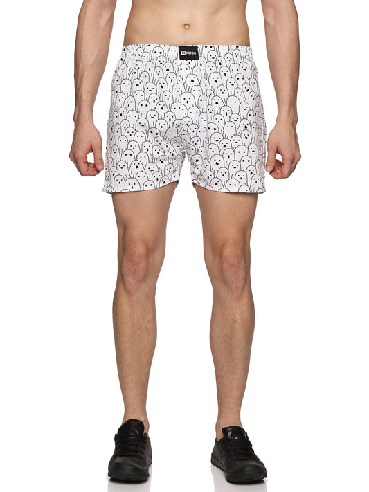 Men Cotton Slim Fit Ghost Printed White Boxer