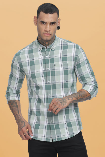 HAITCH Forest Green Oxford Cotton Windowpane Checkered Slim Fit Shirt