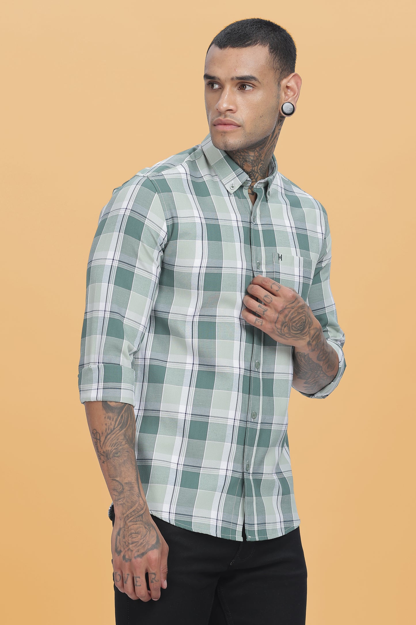 HAITCH Forest Green Oxford Cotton Windowpane Checkered Slim Fit Shirt