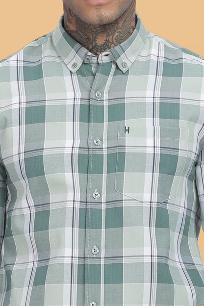 HAITCH Forest Green Oxford Cotton Windowpane Checkered Slim Fit Shirt