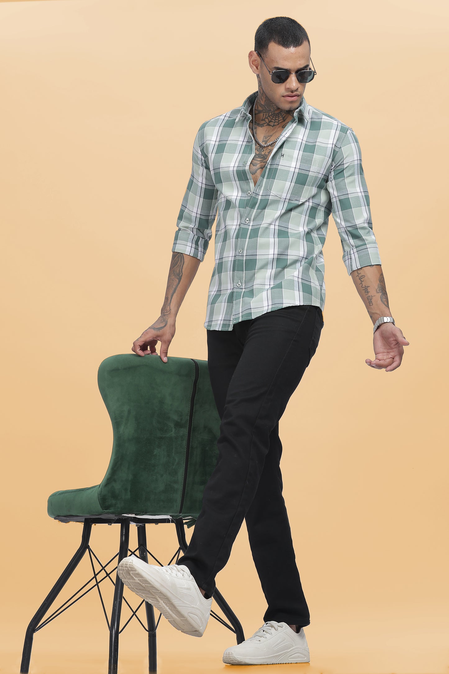 HAITCH Forest Green Oxford Cotton Windowpane Checkered Slim Fit Shirt