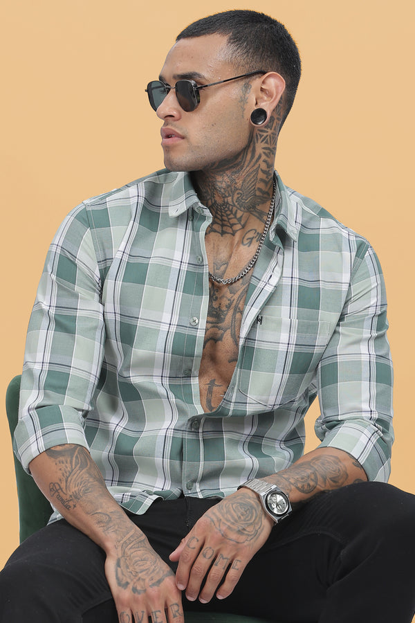 HAITCH Forest Green Oxford Cotton Windowpane Checkered Slim Fit Shirt