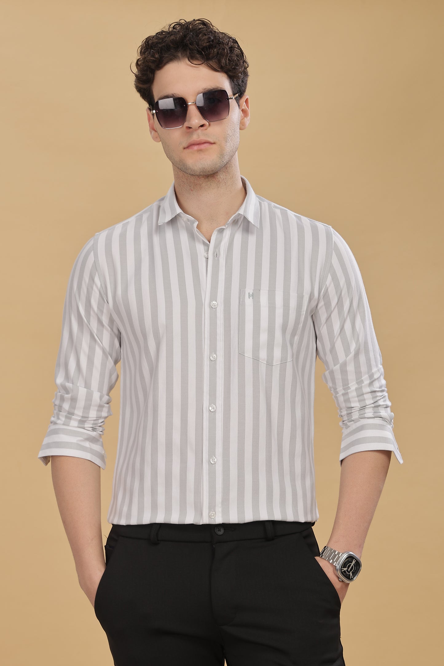 HAITCH Oxford Cotton Grey Stripes Shirt