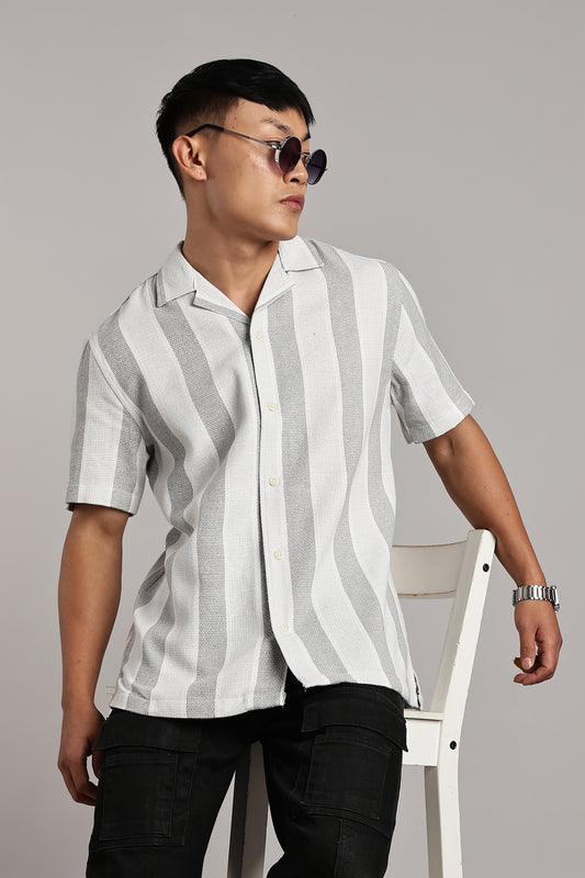 Grey & White Vertical Stripe Cuban Shirt