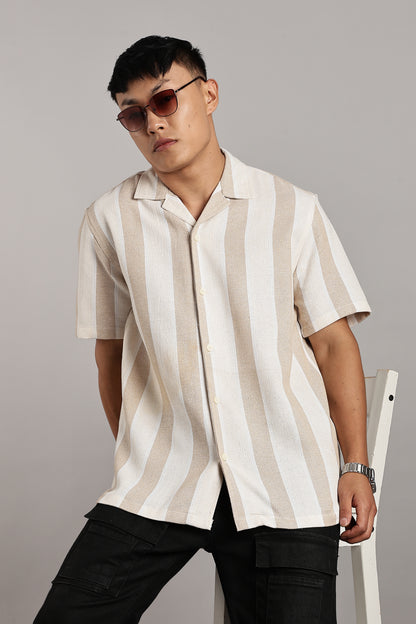 Beige & White Vertical Stripe Cuban Shirt