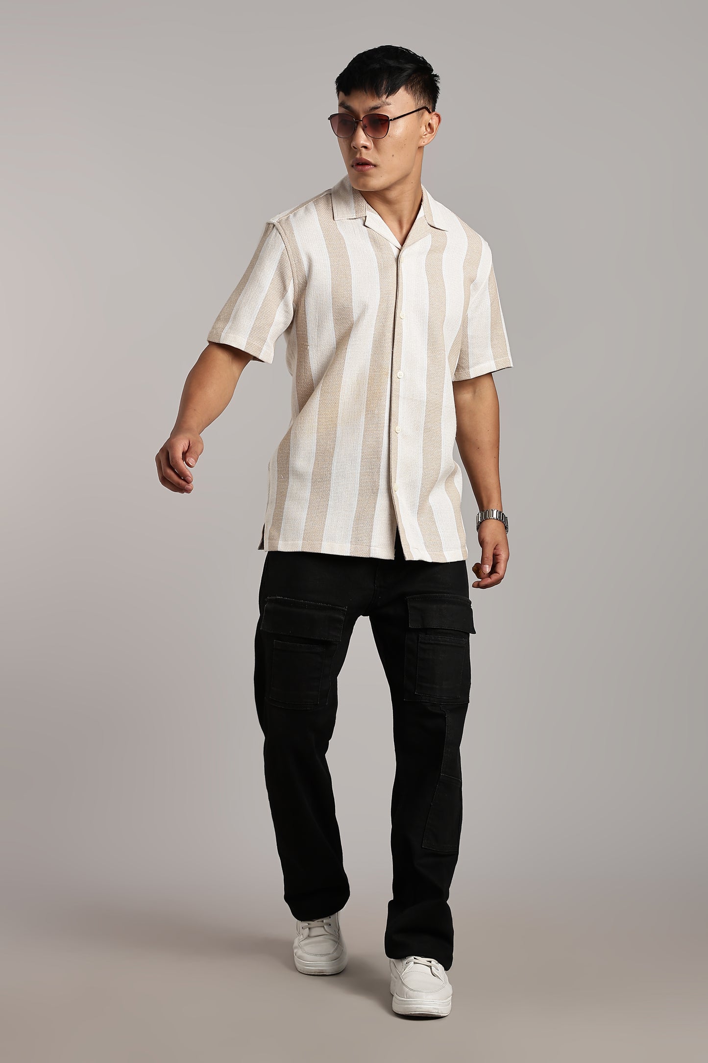 Beige & White Vertical Stripe Cuban Shirt