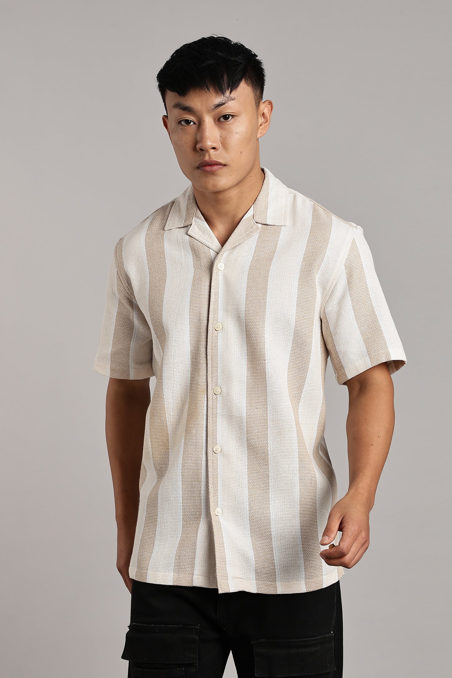 Beige & White Vertical Stripe Cuban Shirt
